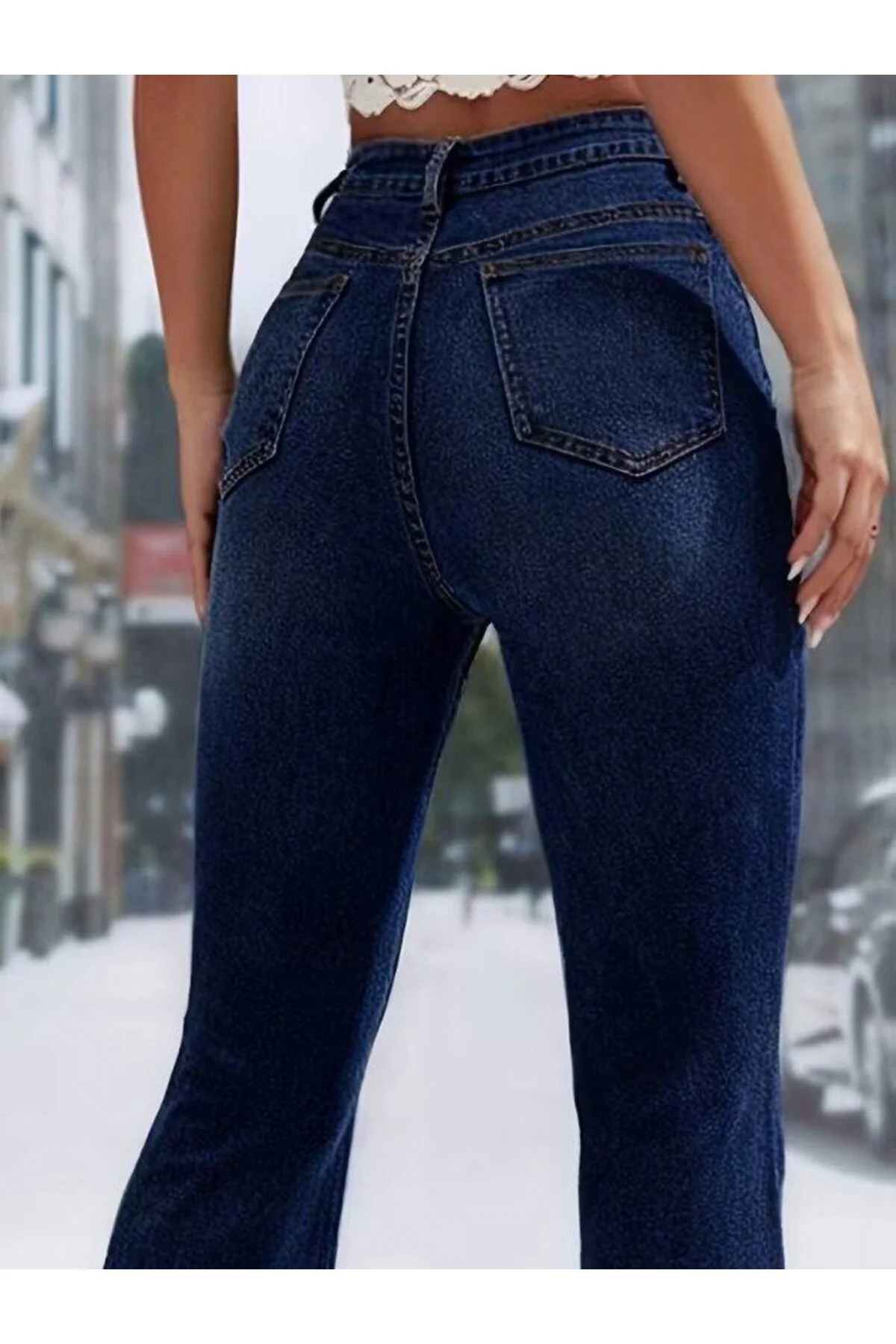 Kadın Yüksek Bel önden Düğme Detaylı Parçaya Doğru Geniş Kot Pant