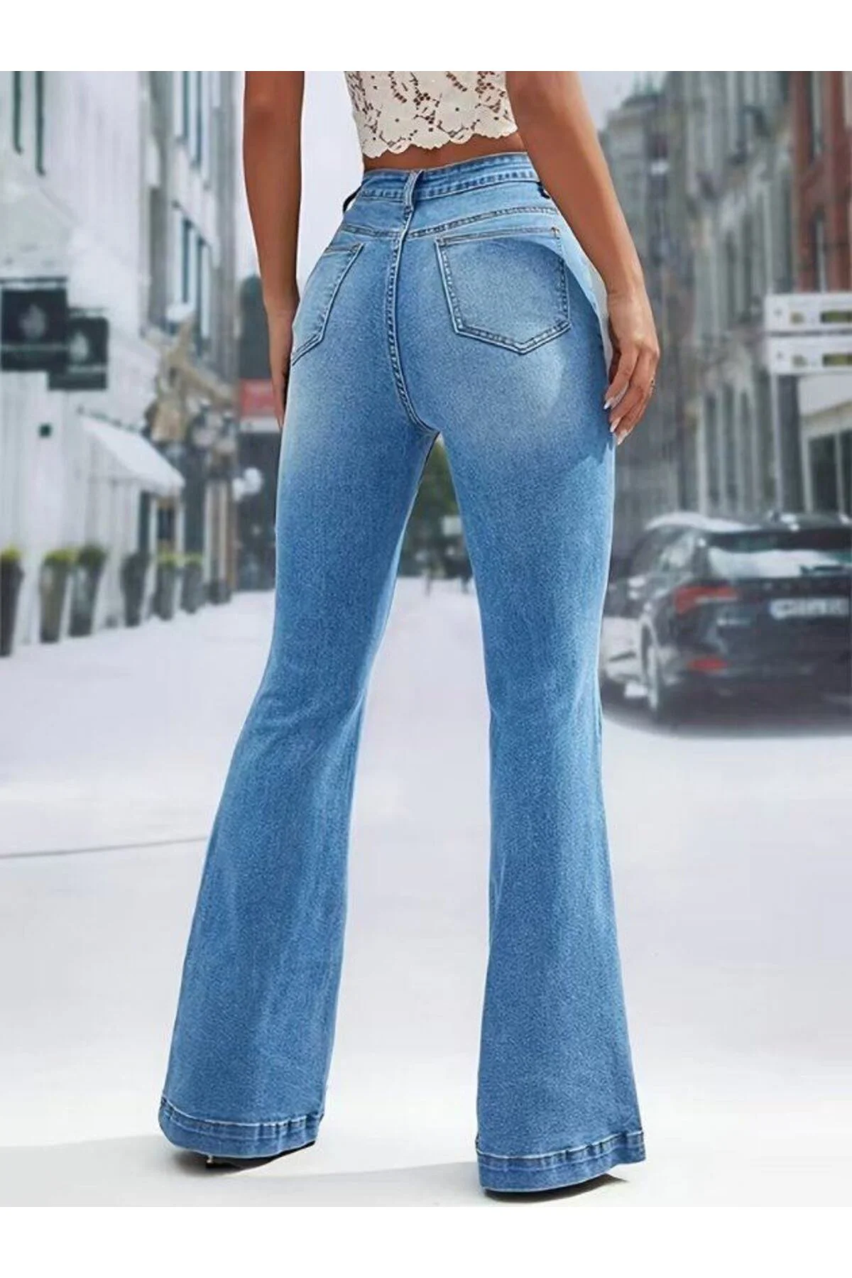 Kadın Yüksek Bel önden Düğme Detaylı Parçaya Doğru Geniş Kot Pant