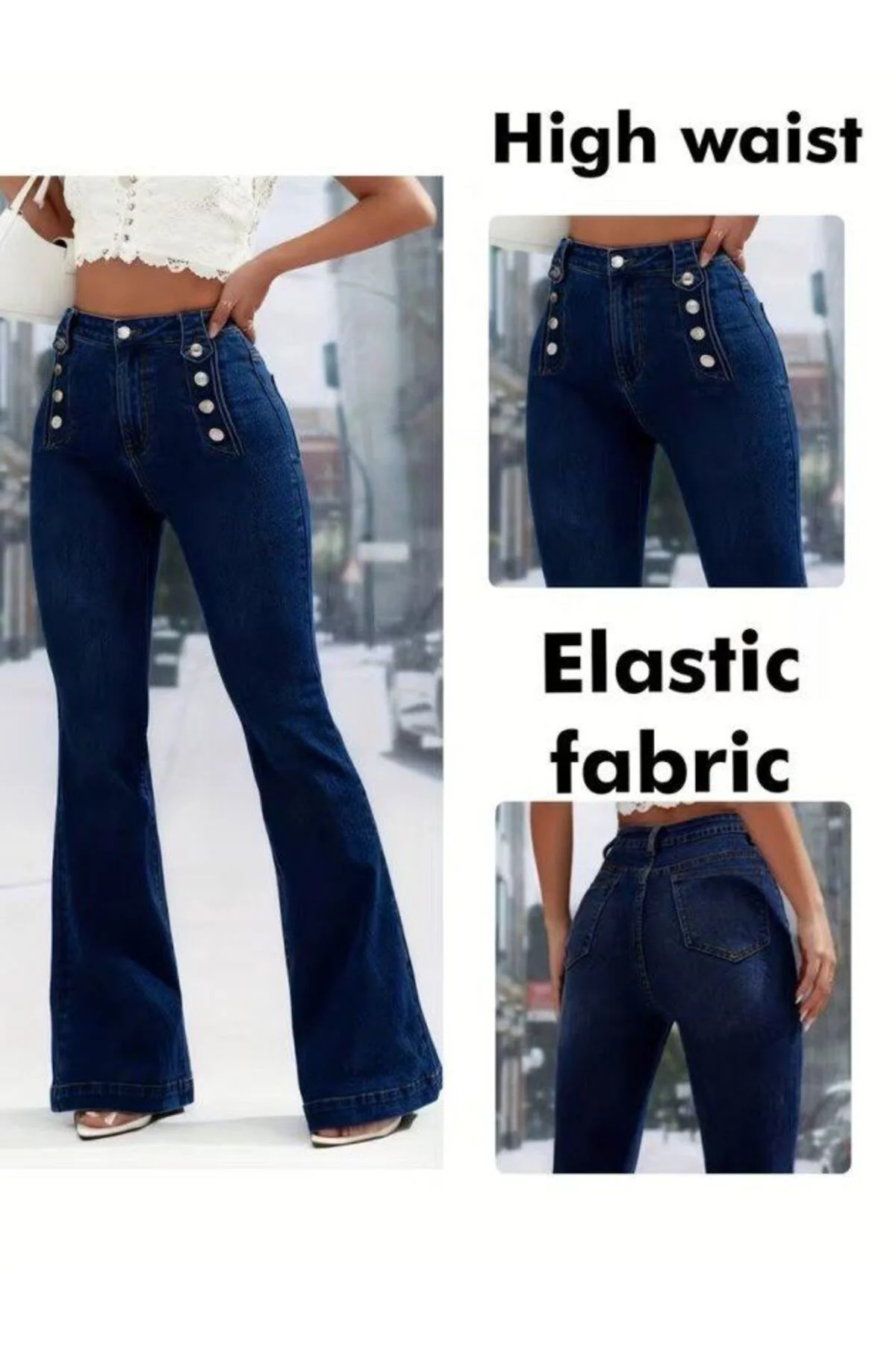 Kadın Yüksek Bel önden Düğme Detaylı Parçaya Doğru Geniş Kot Pant