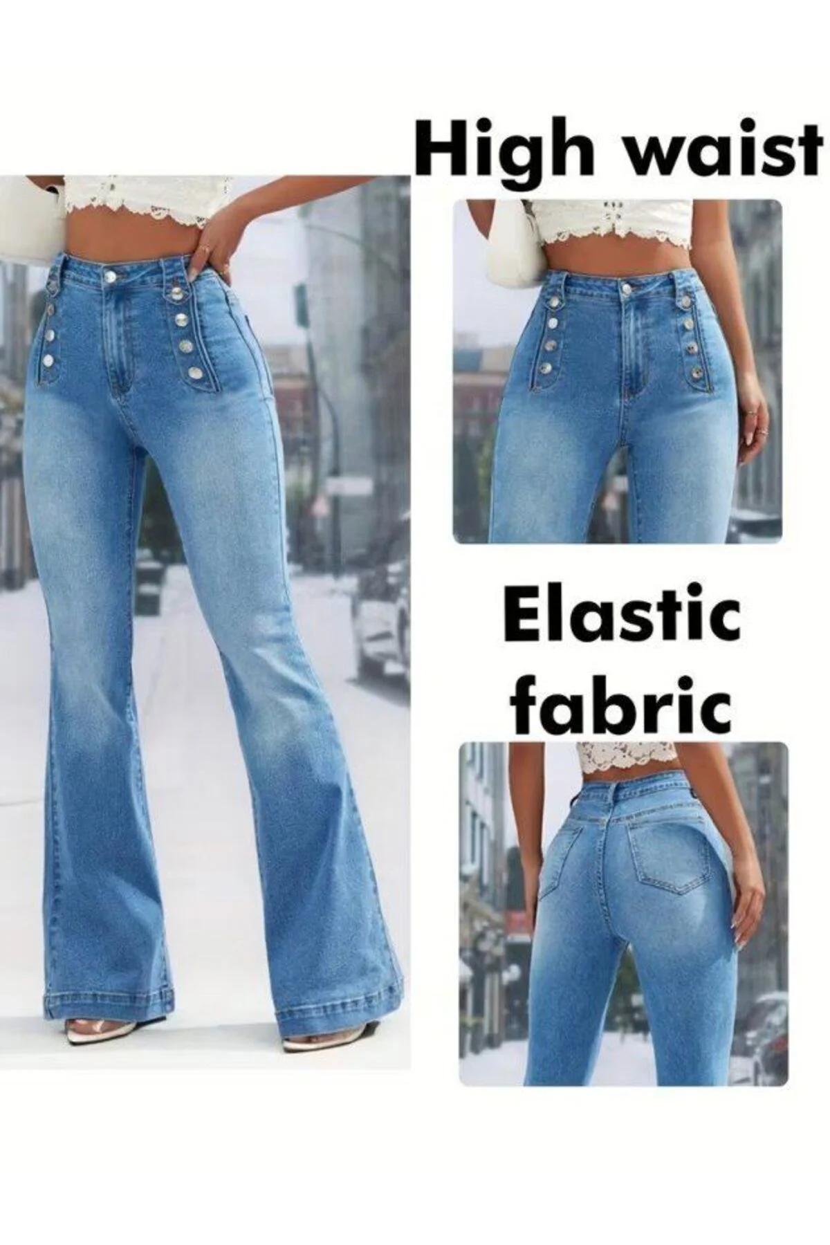 Kadın Yüksek Bel önden Düğme Detaylı Parçaya Doğru Geniş Kot Pant