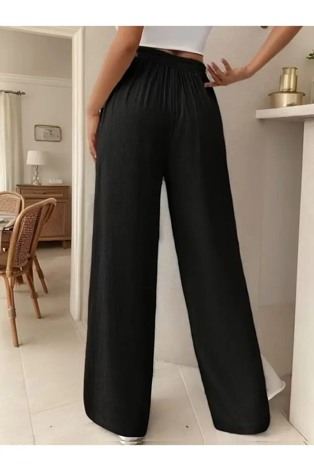 Kadın Yüksek Bel önden Bağlamalı Geniş Kesim Keten Pantolon