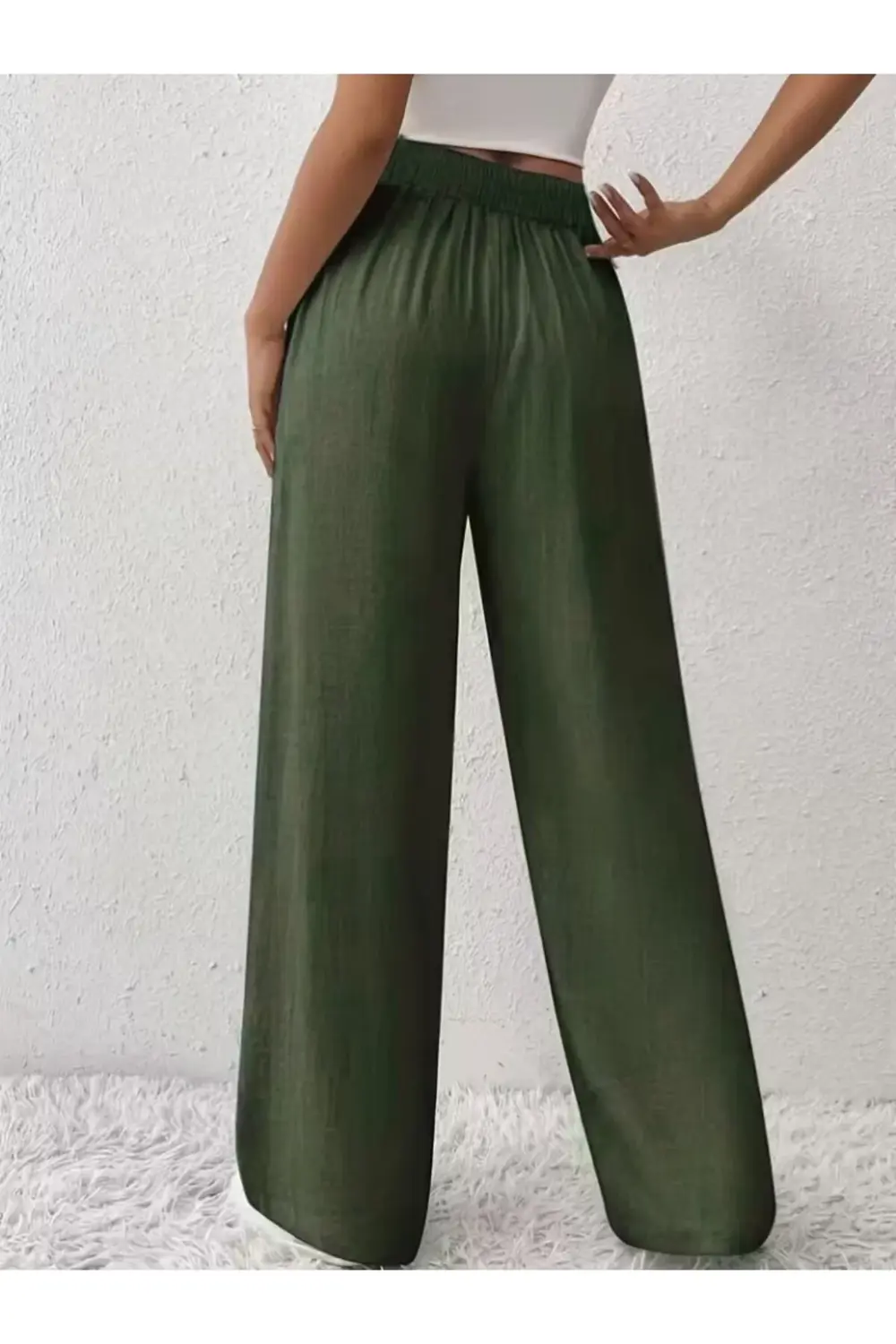 Kadın Yüksek Bel önden Bağlamalı Geniş Kesim Keten Pantolon