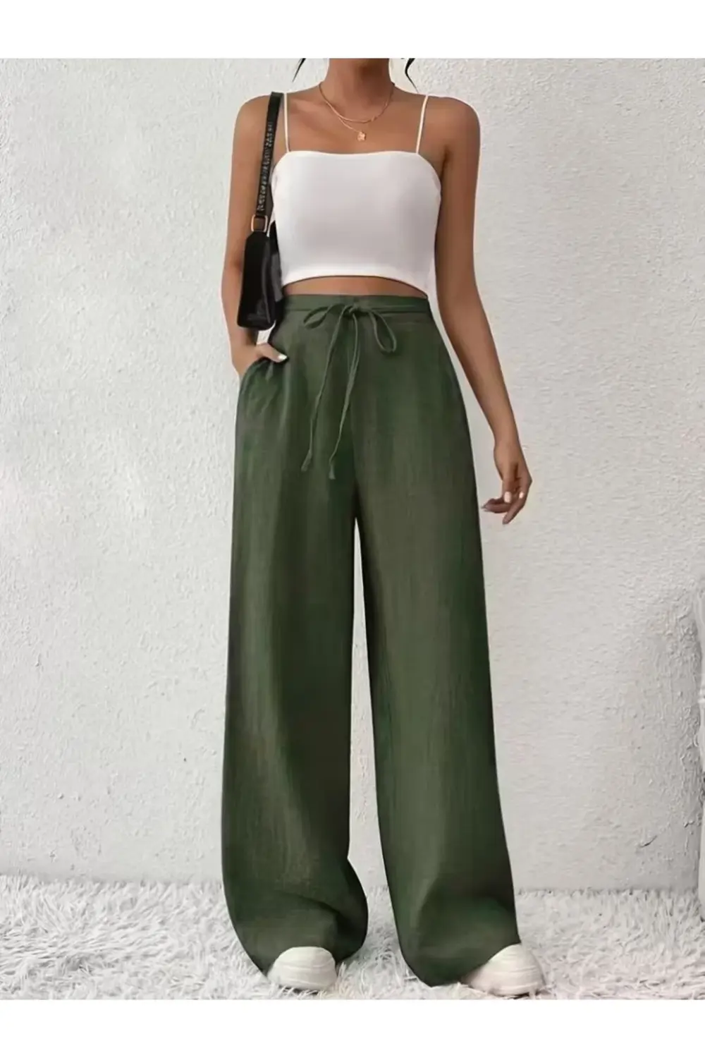 Kadın Yüksek Bel önden Bağlamalı Geniş Kesim Keten Pantolon