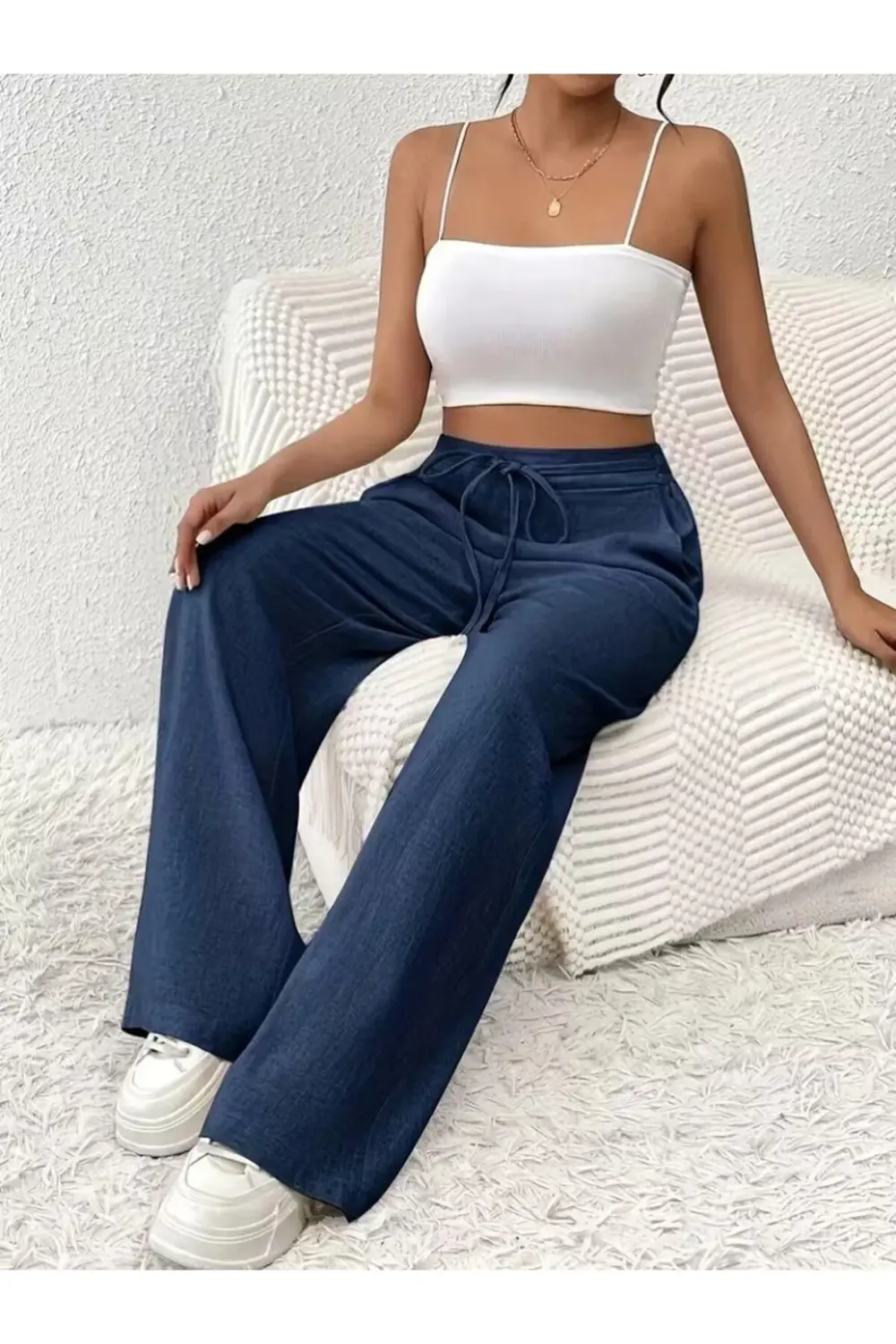 Kadın Yüksek Bel önden Bağlamalı Geniş Kesim Keten Pantolon