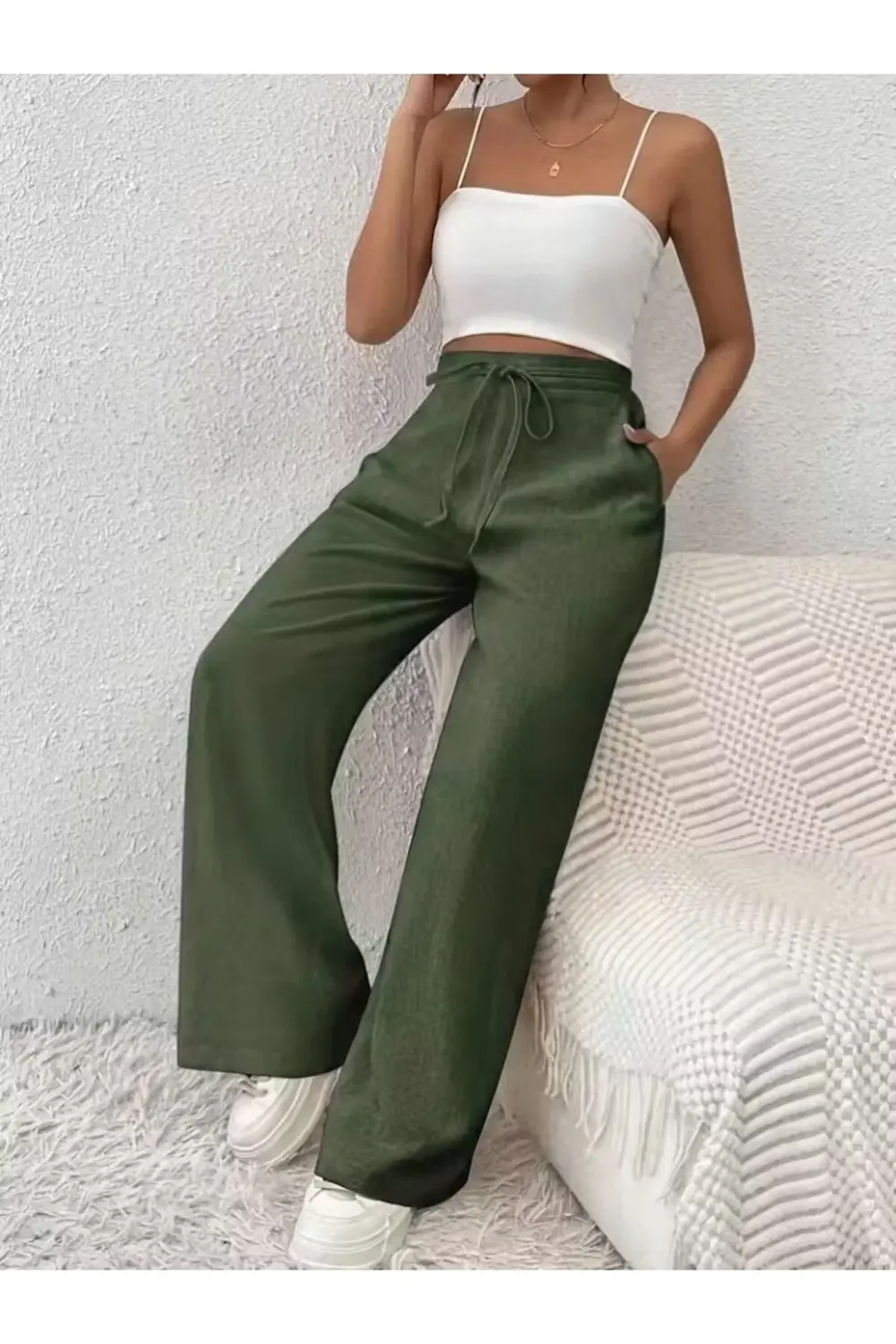 Kadın Yüksek Bel önden Bağlamalı Geniş Kesim Keten Pantolon