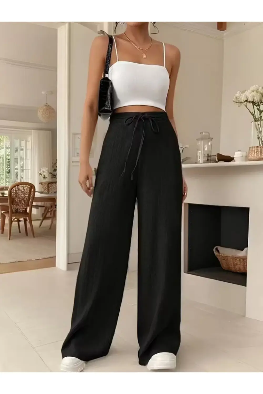 Kadın Yüksek Bel önden Bağlamalı Geniş Kesim Keten Pantolon