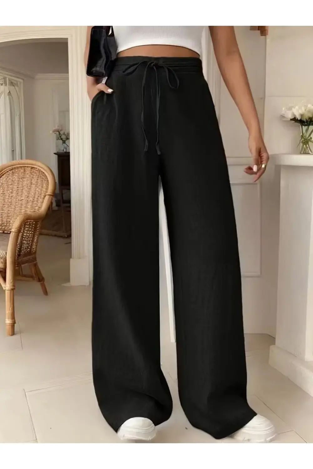 Kadın Yüksek Bel önden Bağlamalı Geniş Kesim Keten Pantolon