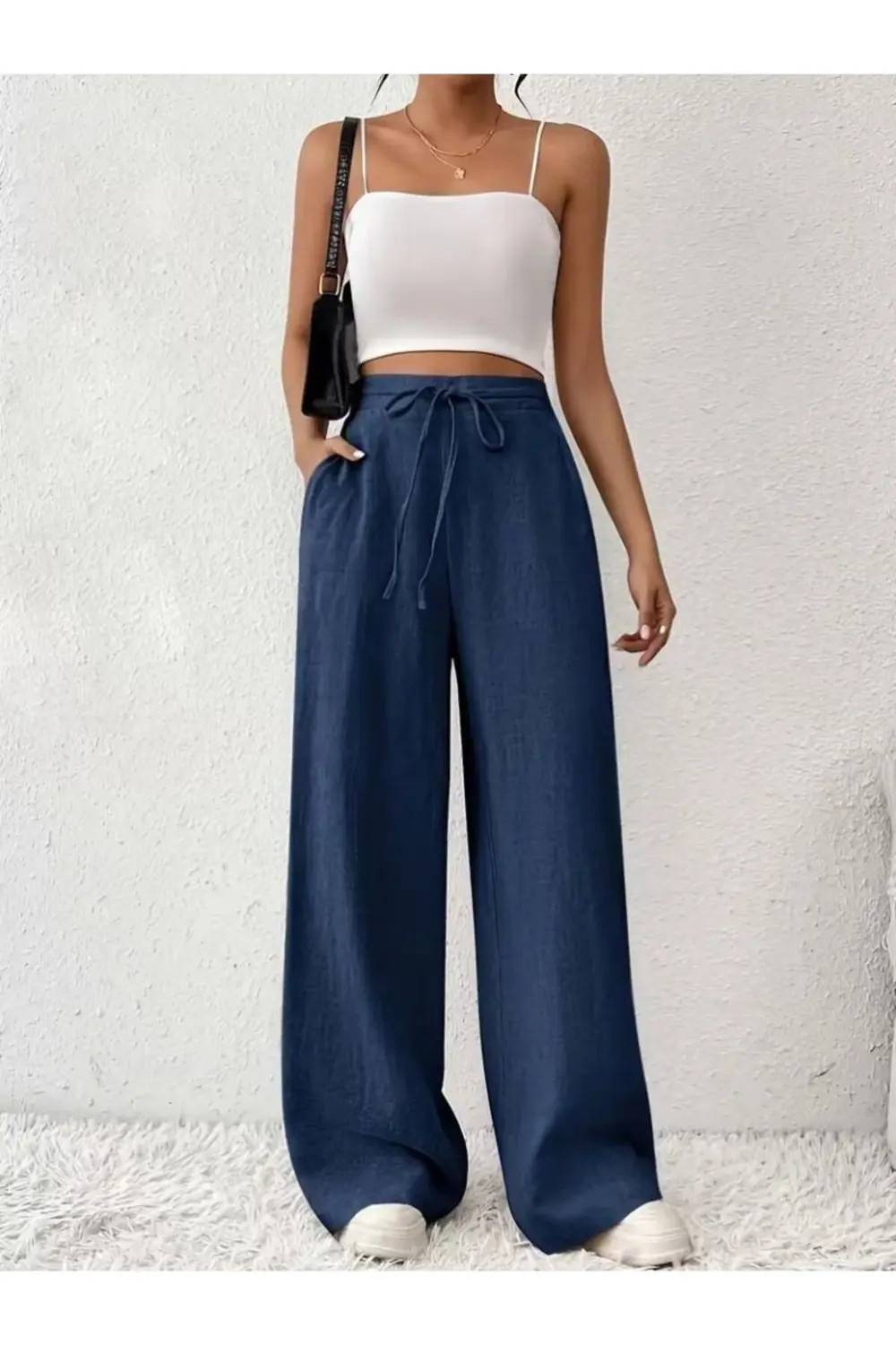 Kadın Yüksek Bel önden Bağlamalı Geniş Kesim Keten Pantolon