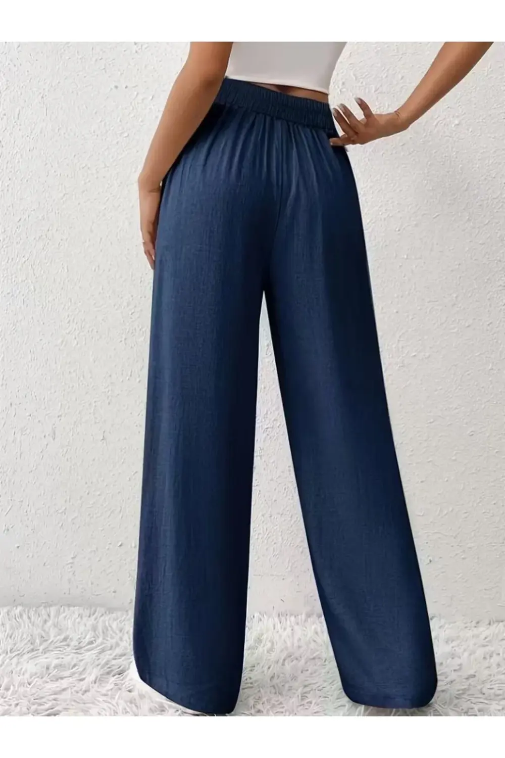 Kadın Yüksek Bel önden Bağlamalı Geniş Kesim Keten Pantolon