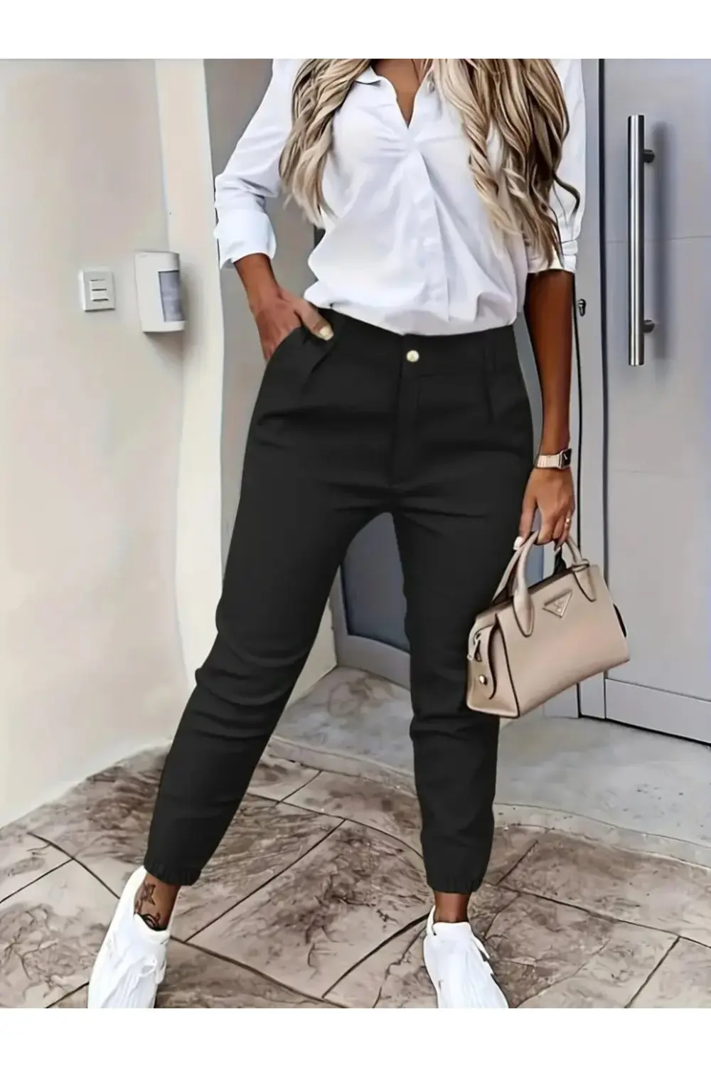Kadın Yüksek Bel önden Düğmeli Cepli Bilek Lastik Detay Atlas Pan