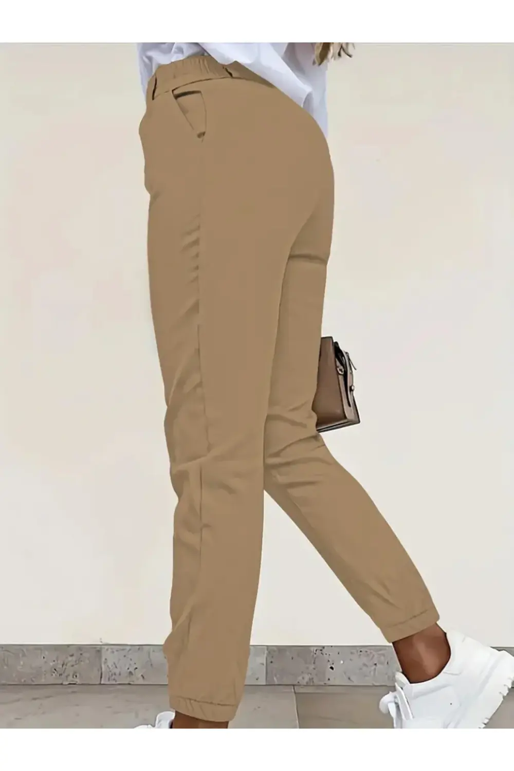 Kadın Yüksek Bel önden Düğmeli Cepli Bilek Lastik Detay Atlas Pan