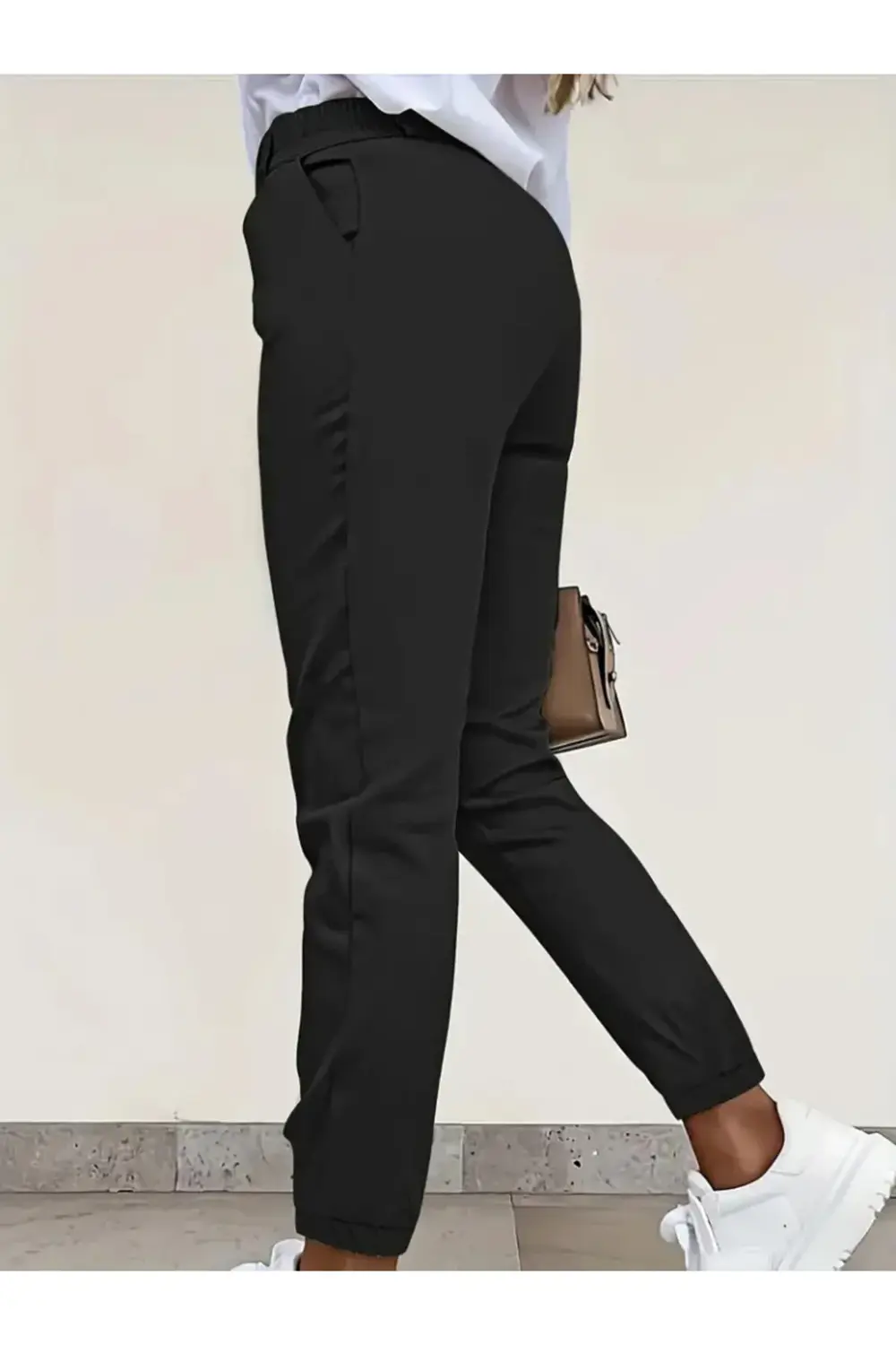 Kadın Yüksek Bel önden Düğmeli Cepli Bilek Lastik Detay Atlas Pan