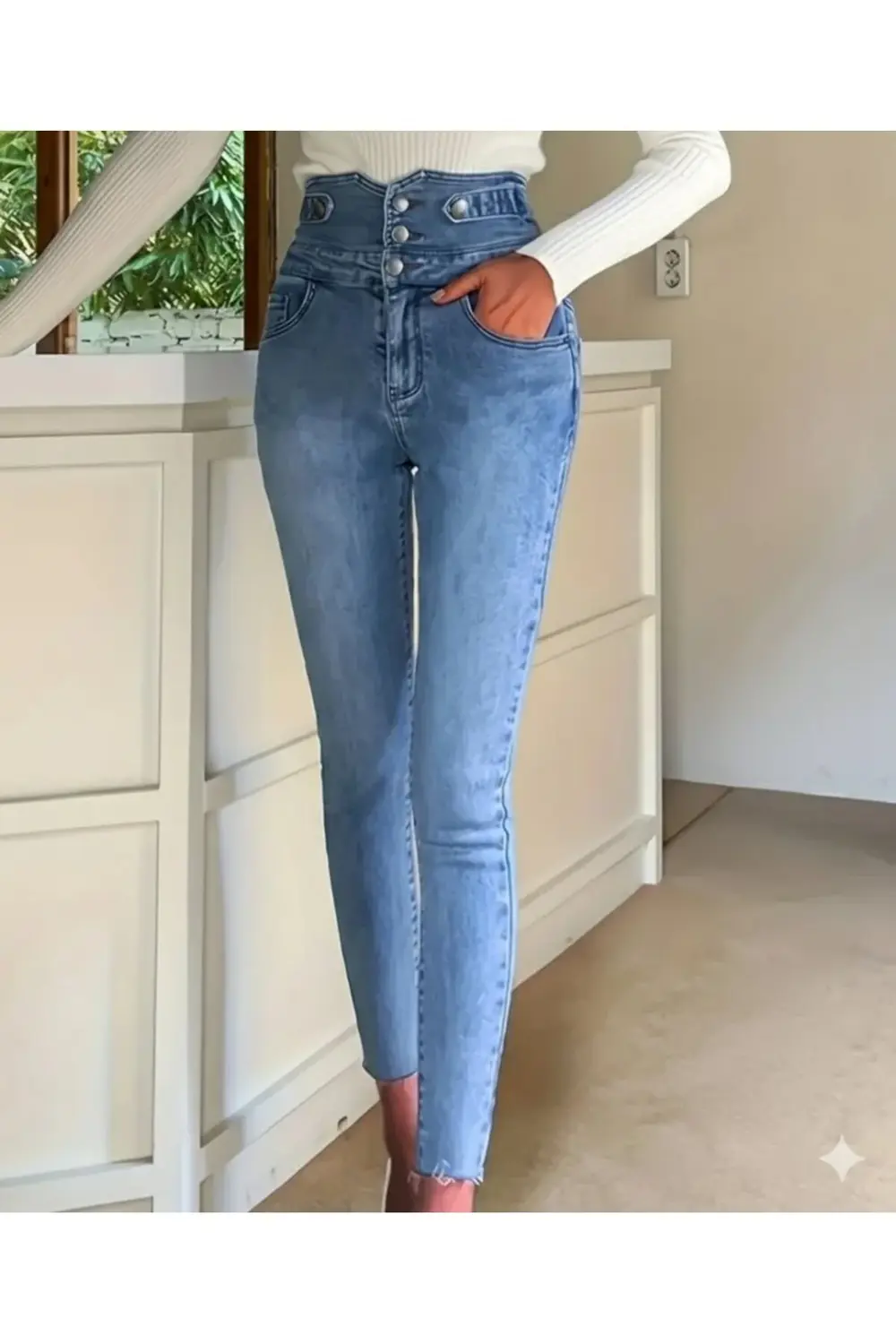 Kadın Yüksek Bel önden Düğmeli Cepli Dar Kesim Detaylı Kot Pantol