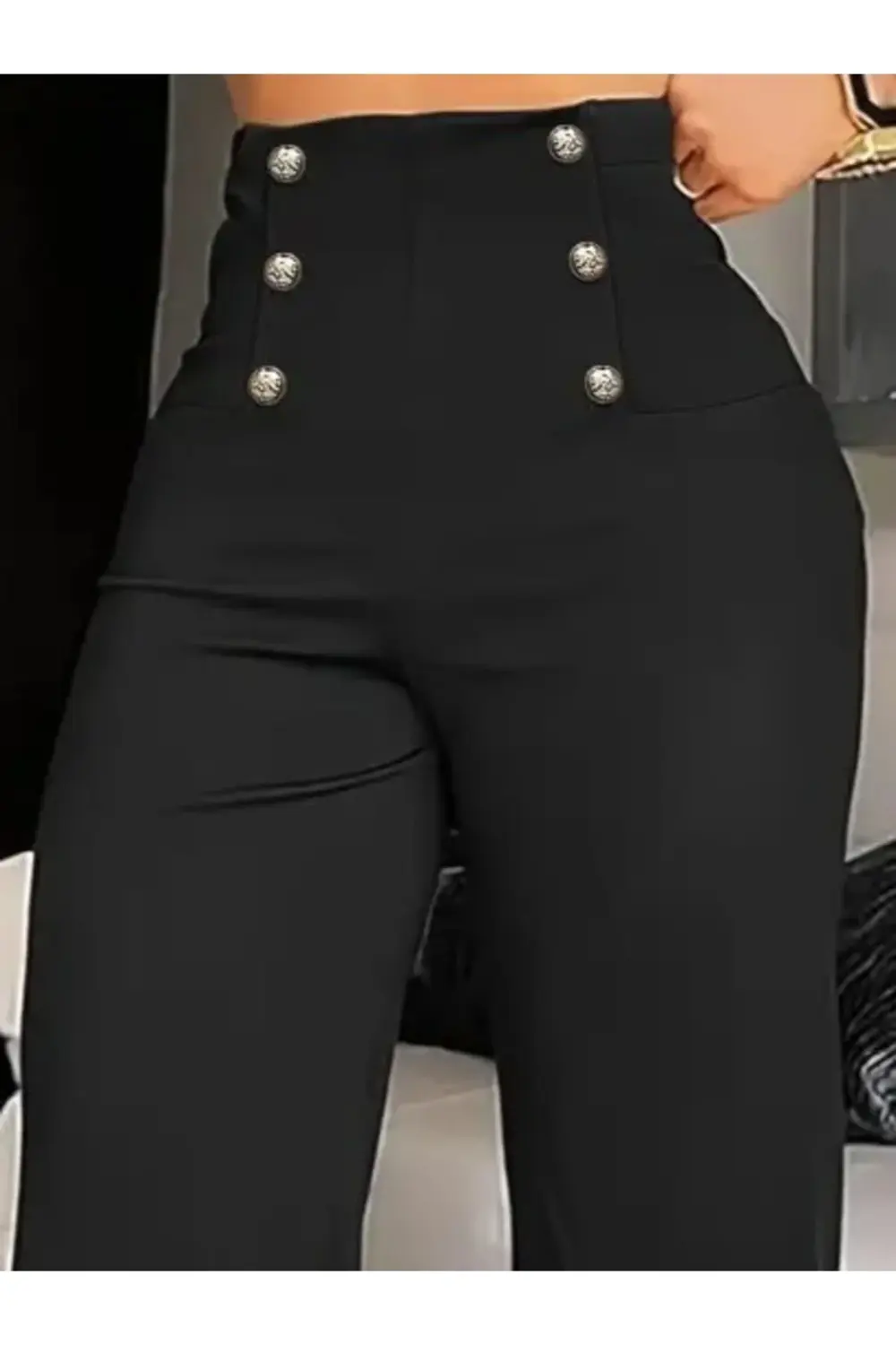 Kadın Yüksek Bel önden Düğmeli Uzun Paçaya Doğru Geniş Ithal Krep