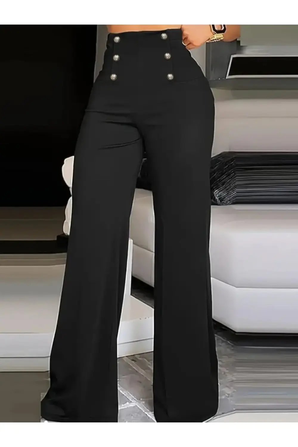 Kadın Yüksek Bel önden Düğmeli Uzun Paçaya Doğru Geniş Ithal Krep