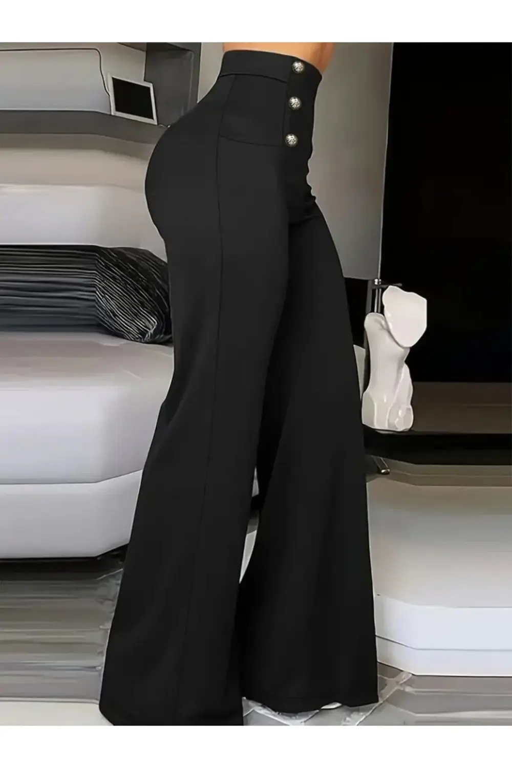 Kadın Yüksek Bel önden Düğmeli Uzun Paçaya Doğru Geniş Ithal Krep