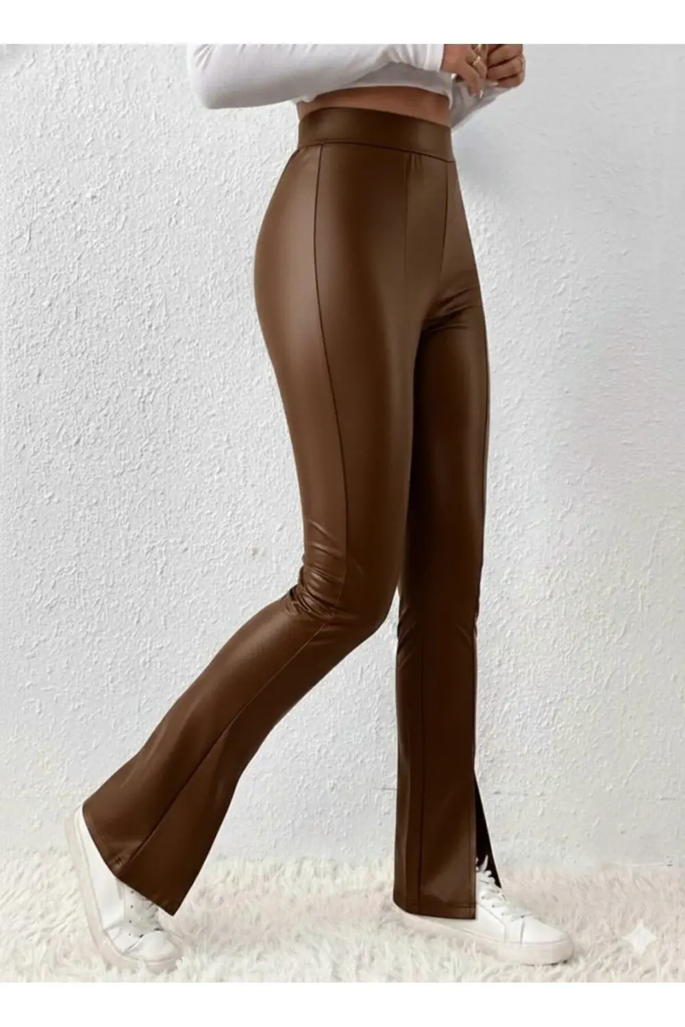 Kadın Yüksek Bel önden Yırtmaçlı Deri Tayt