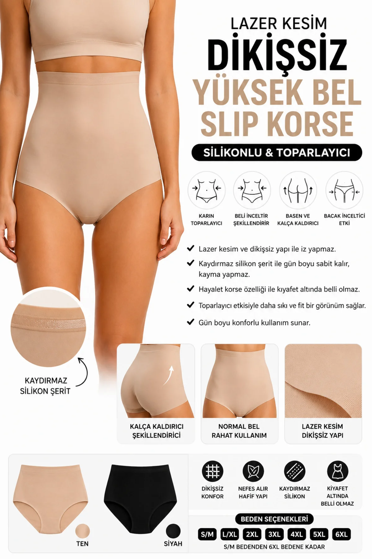 Kadın Yüksek Bel Toparlayıcı Korse Slip – 2 Beden İnce Gösteren Dikişsiz Göbek Toparlayıcı
