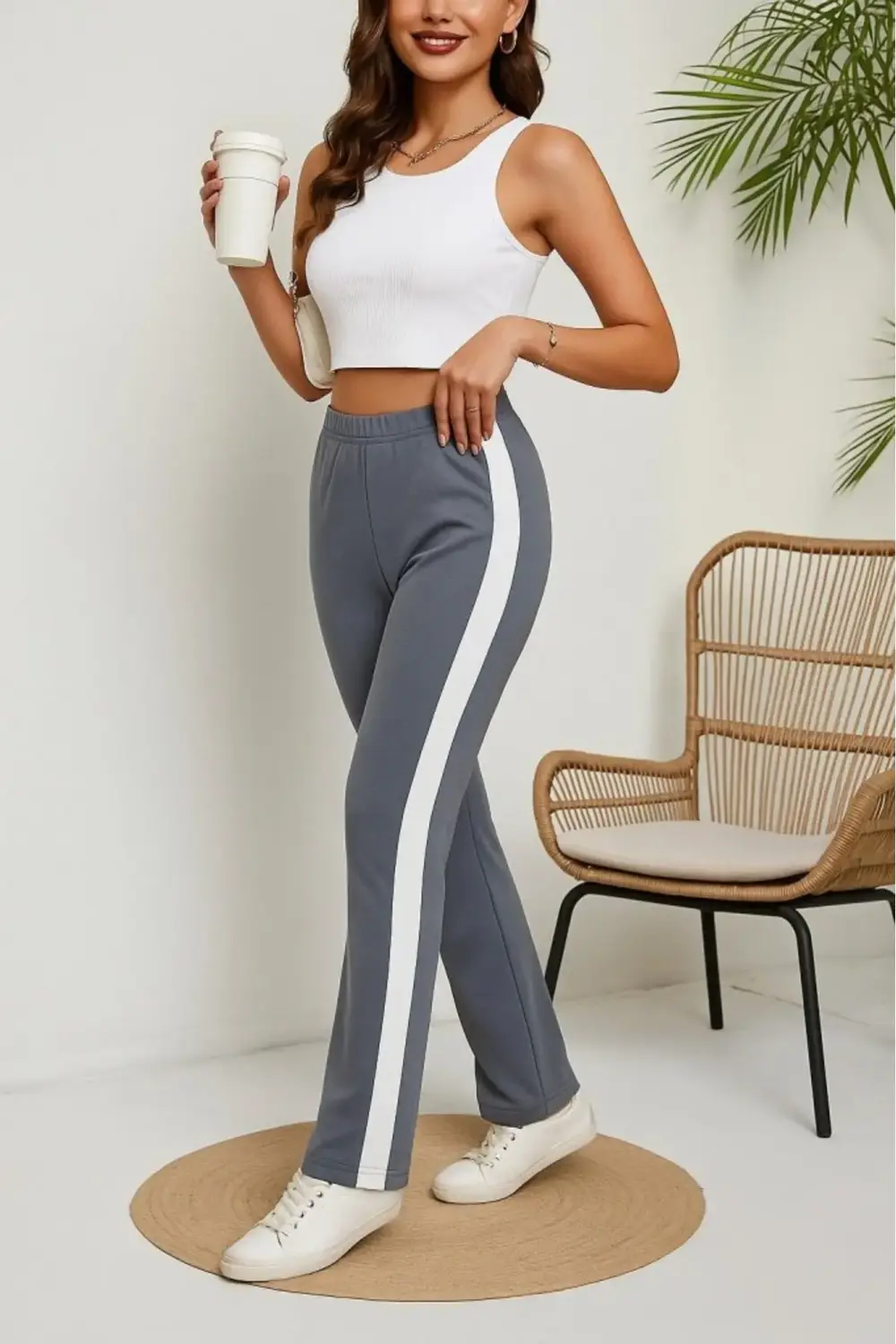 Kadın Yüksek Bel Yan şerit Detaylı Yırtmaçlı Viskon Iki Iplik Pan