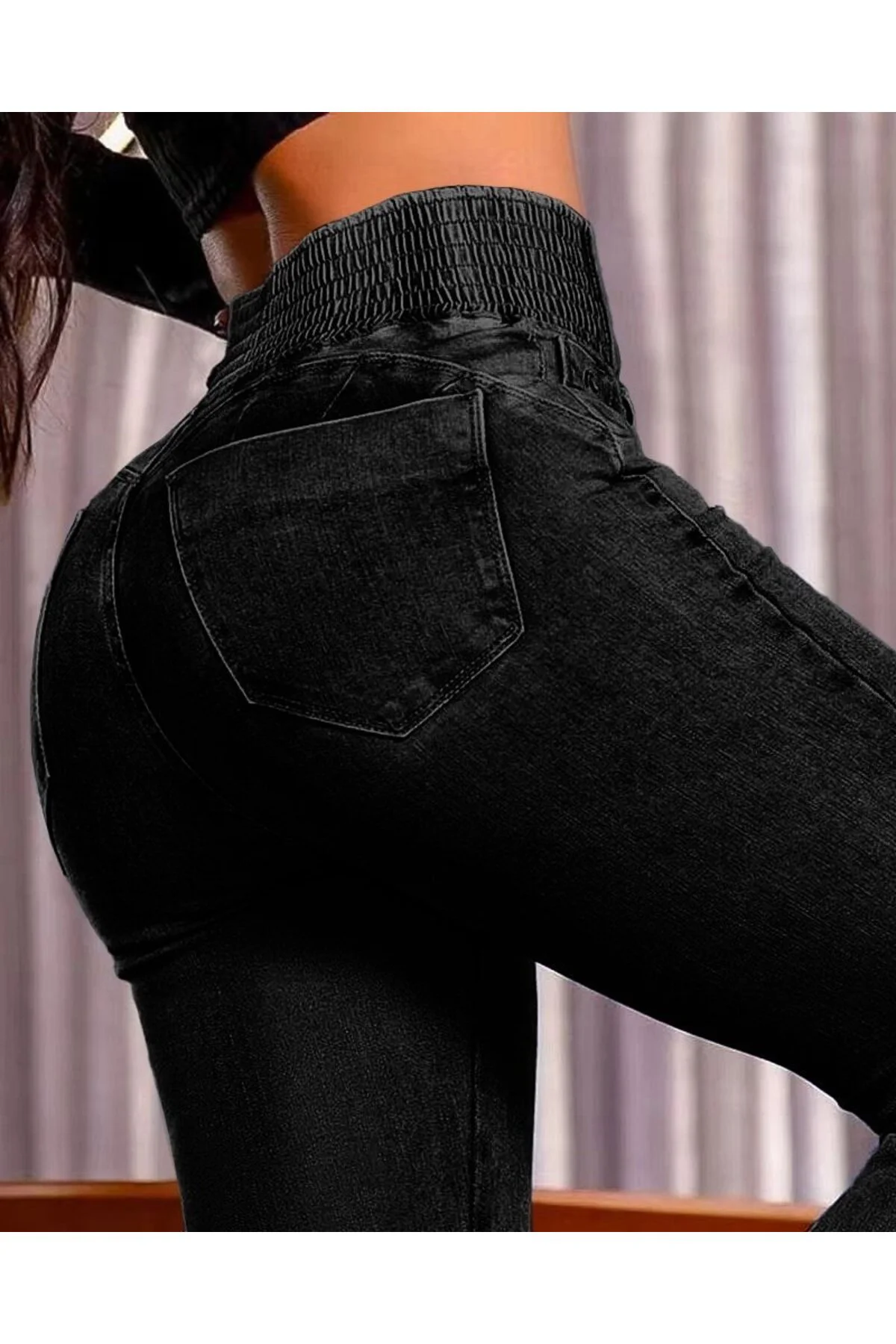 Kadın Yüksek Bel Yanları Lastik önü Düğmeli Kot Pantolon