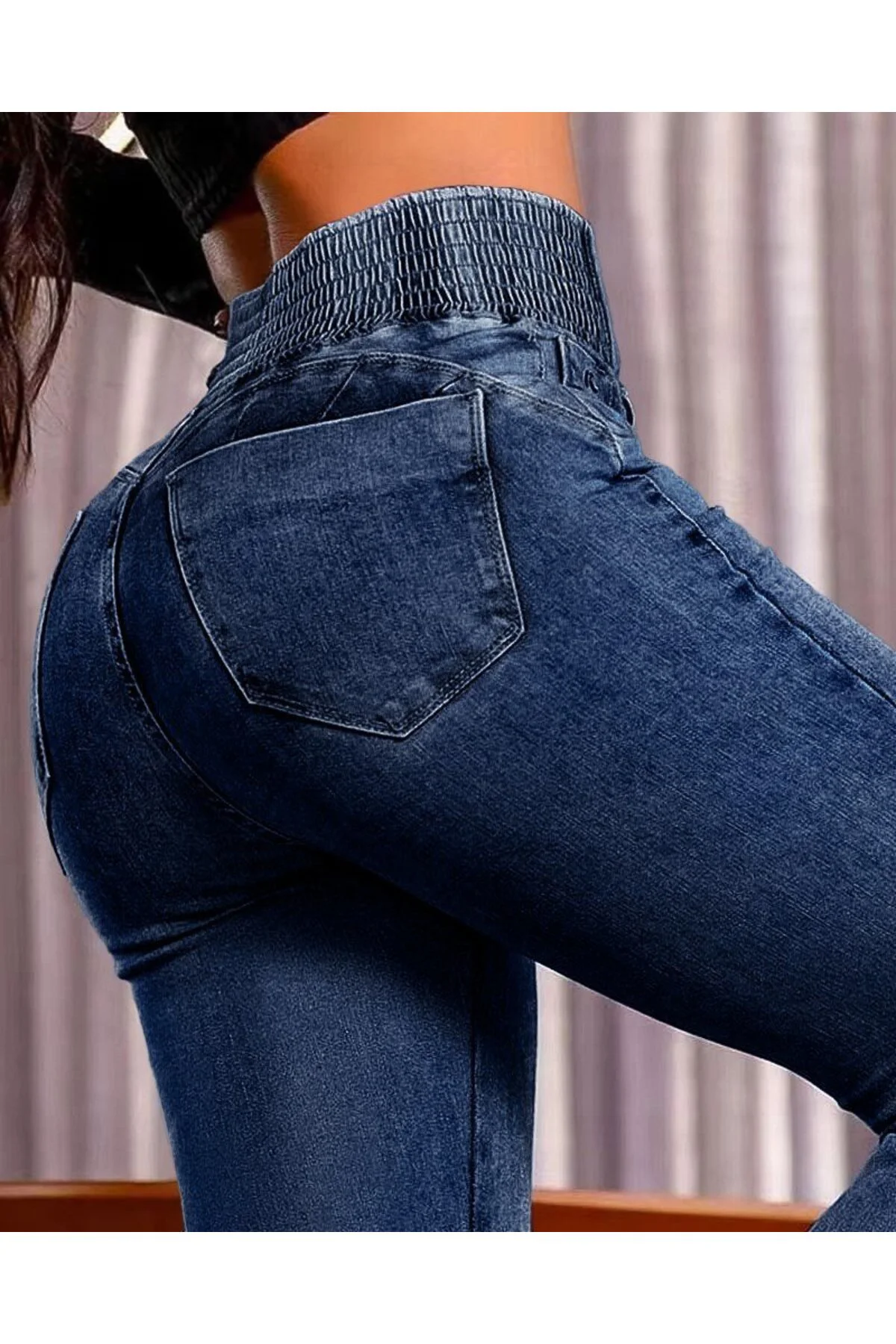 Kadın Yüksek Bel Yanları Lastik önü Düğmeli Kot Pantolon