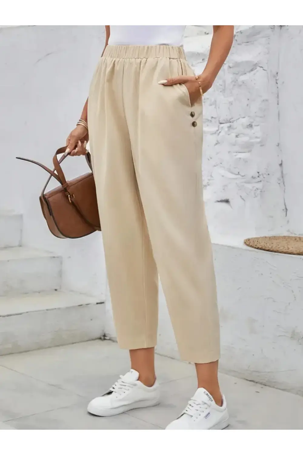 Kadın Yüksek Bel Yandan Cepli Düğme Detaylı Geniş Kesim Ithal Kre