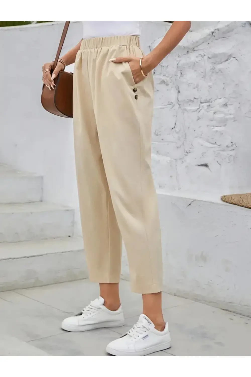 Kadın Yüksek Bel Yandan Cepli Düğme Detaylı Geniş Kesim Ithal Kre