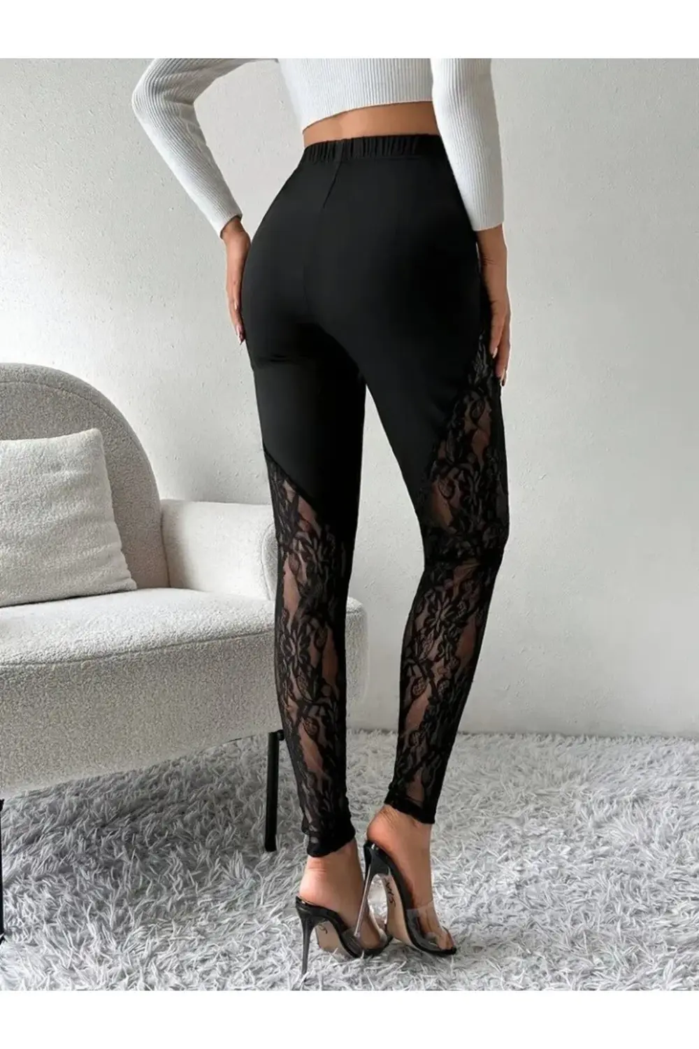 Kadın Yüksek Bel Yanlardan Dantel Detaylı Dalgıç Tayt