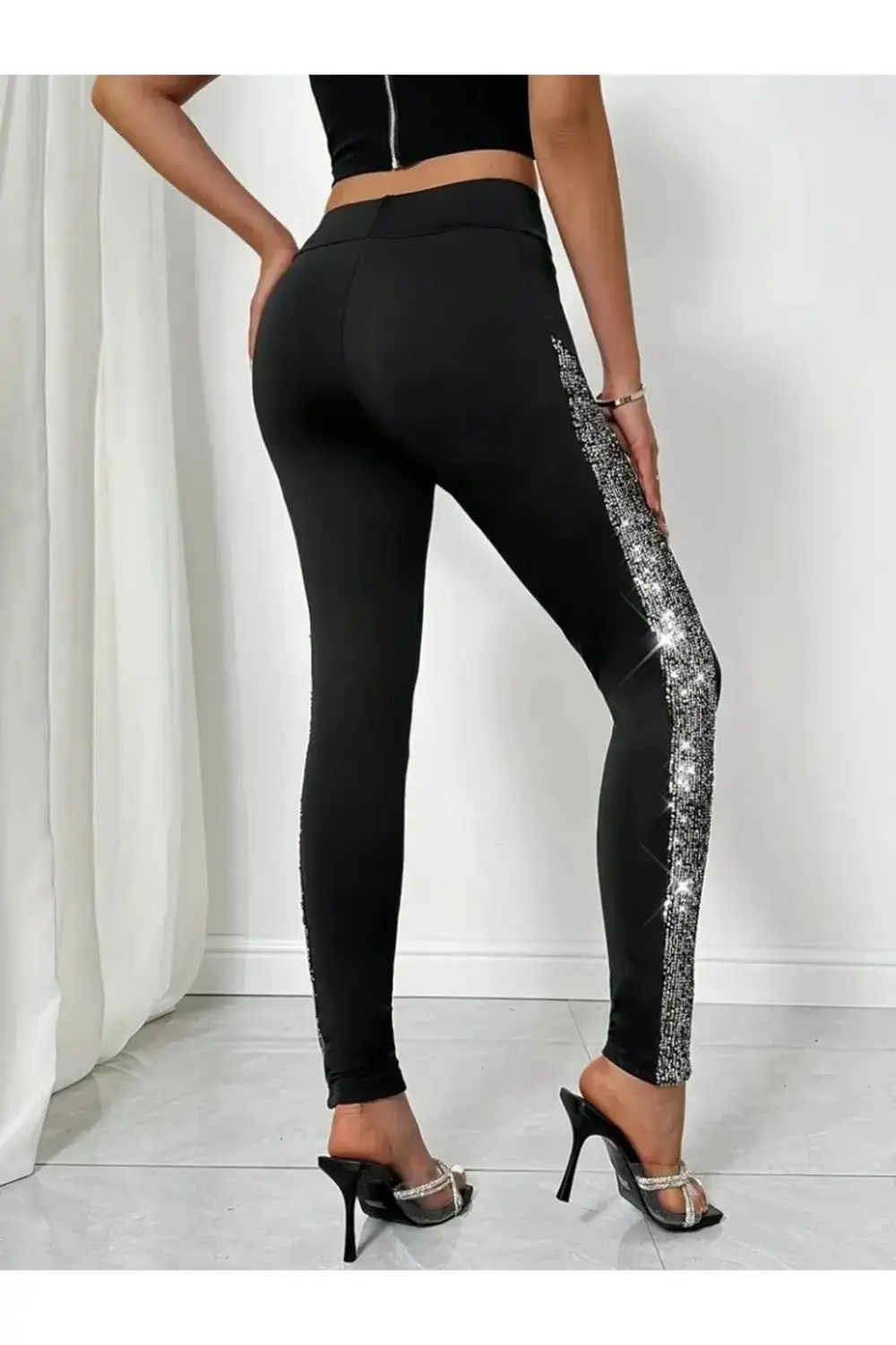 Kadın Yüksek Bel Yarı şerit Pul Payetli Dalgıç Tayt