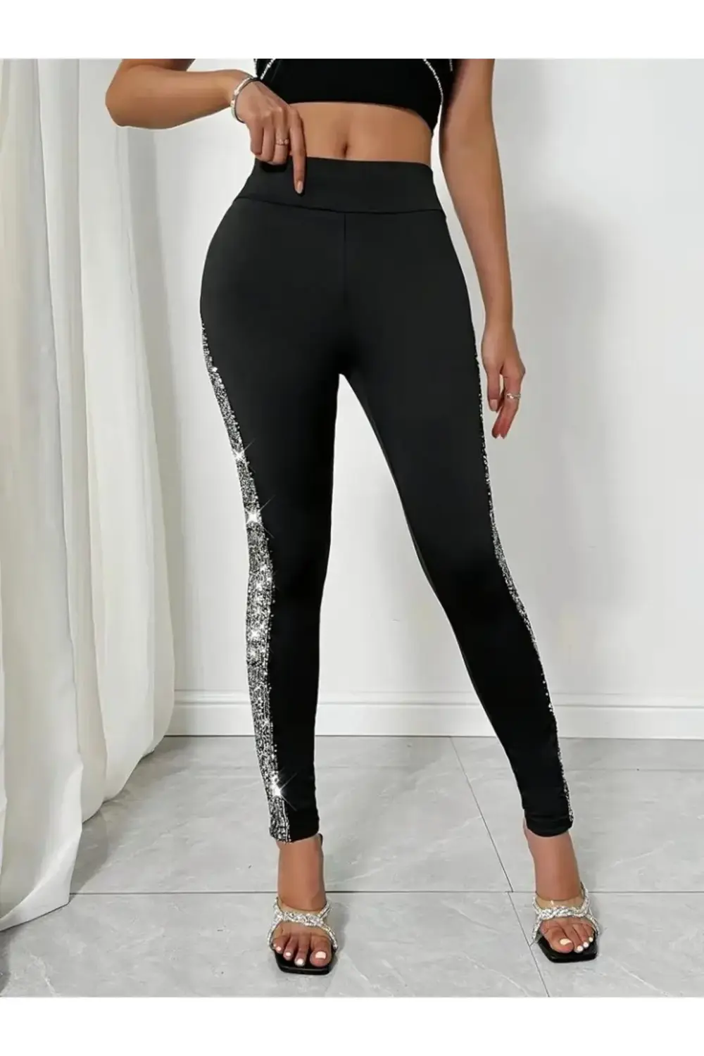 Kadın Yüksek Bel Yarı şerit Pul Payetli Dalgıç Tayt