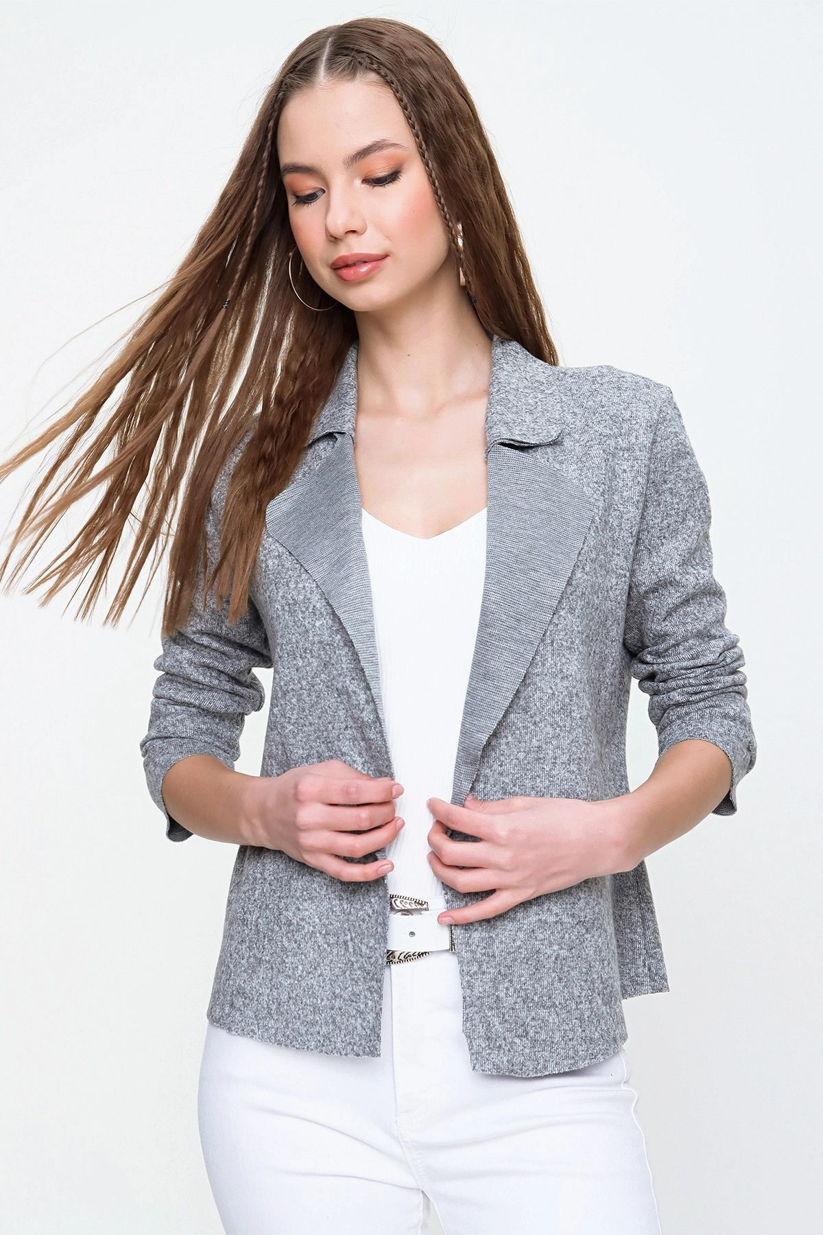 Kadın Yumoş Kendinden Dokulu Uzun Kollu Triko Hırka Ceket 7002975