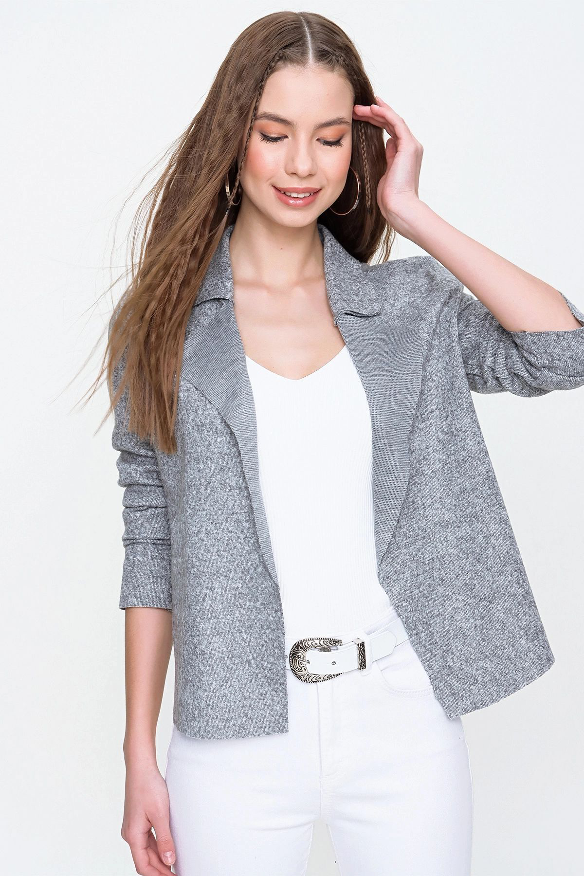 Kadın Yumoş Kendinden Dokulu Uzun Kollu Triko Hırka Ceket 7002975