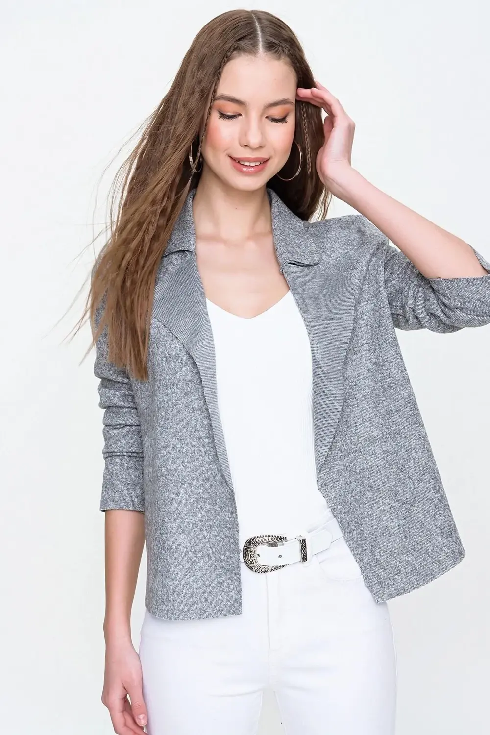 Kadın Yumoş Kendinden Dokulu Uzun Kollu Triko Hırka Ceket 7002975