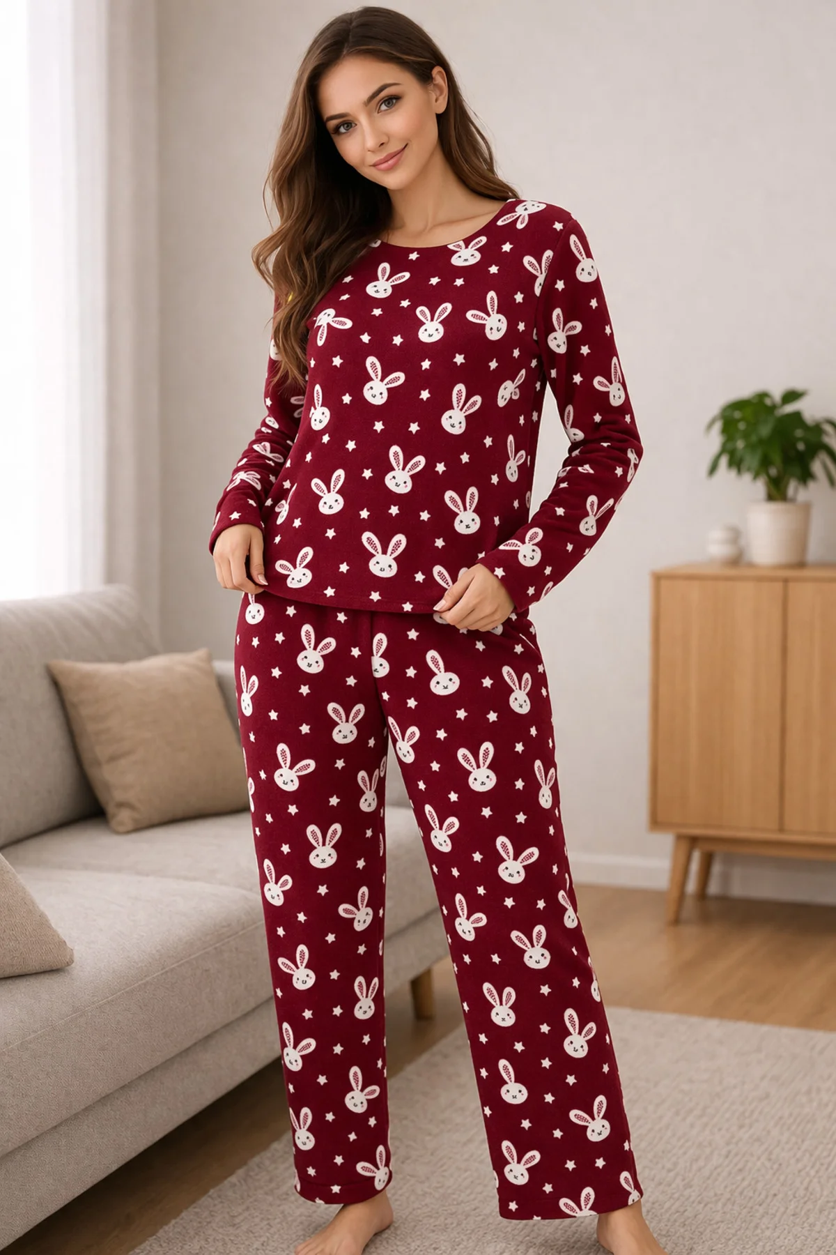 Kadın Yuvarlak Yaka Alt Üst Pijama Takımı Borda Tavşan Desenli 4 