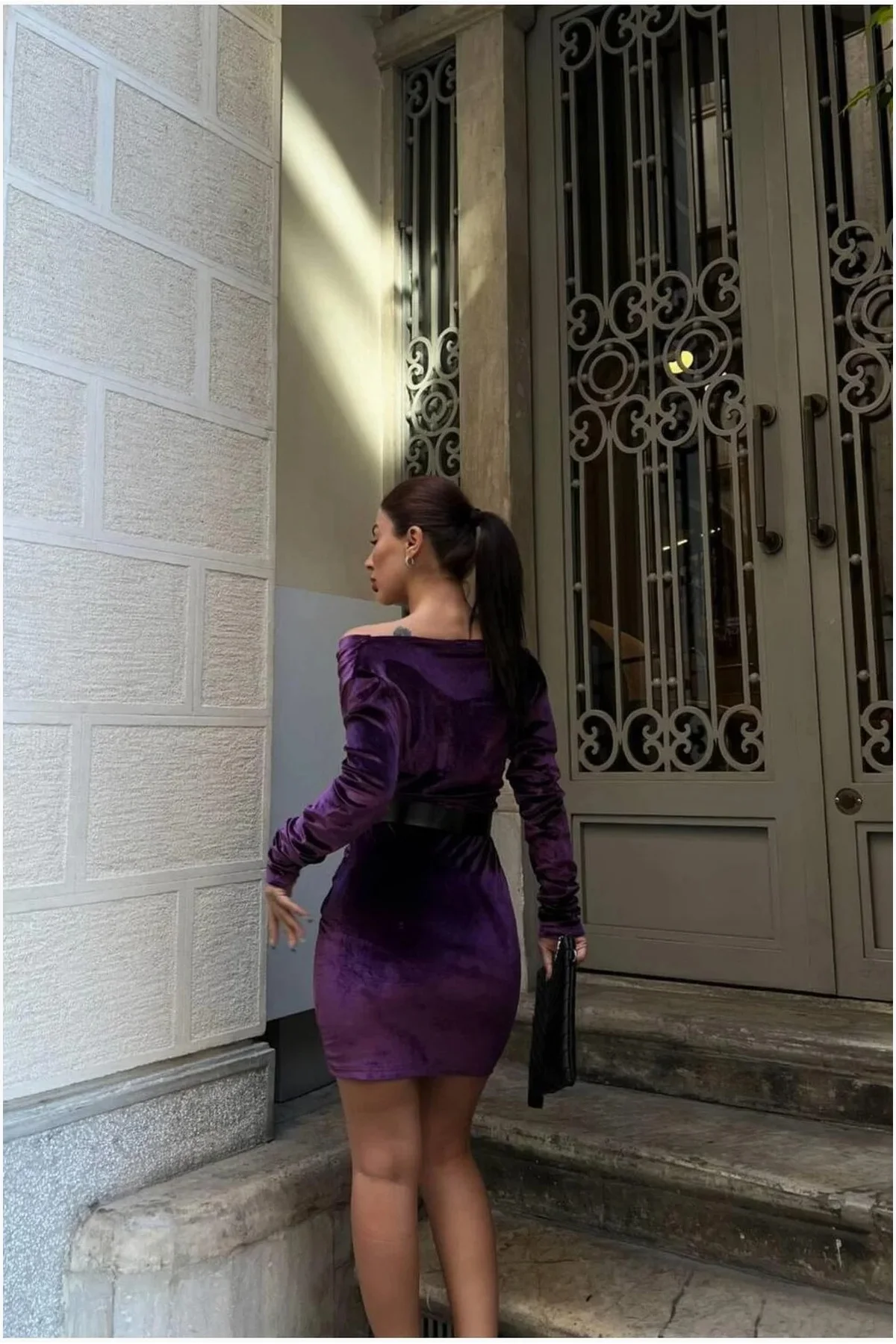 Kadın Zarif Stil Esnek Kadife Kumaş V Yaka Kemerli Abiye Elbise