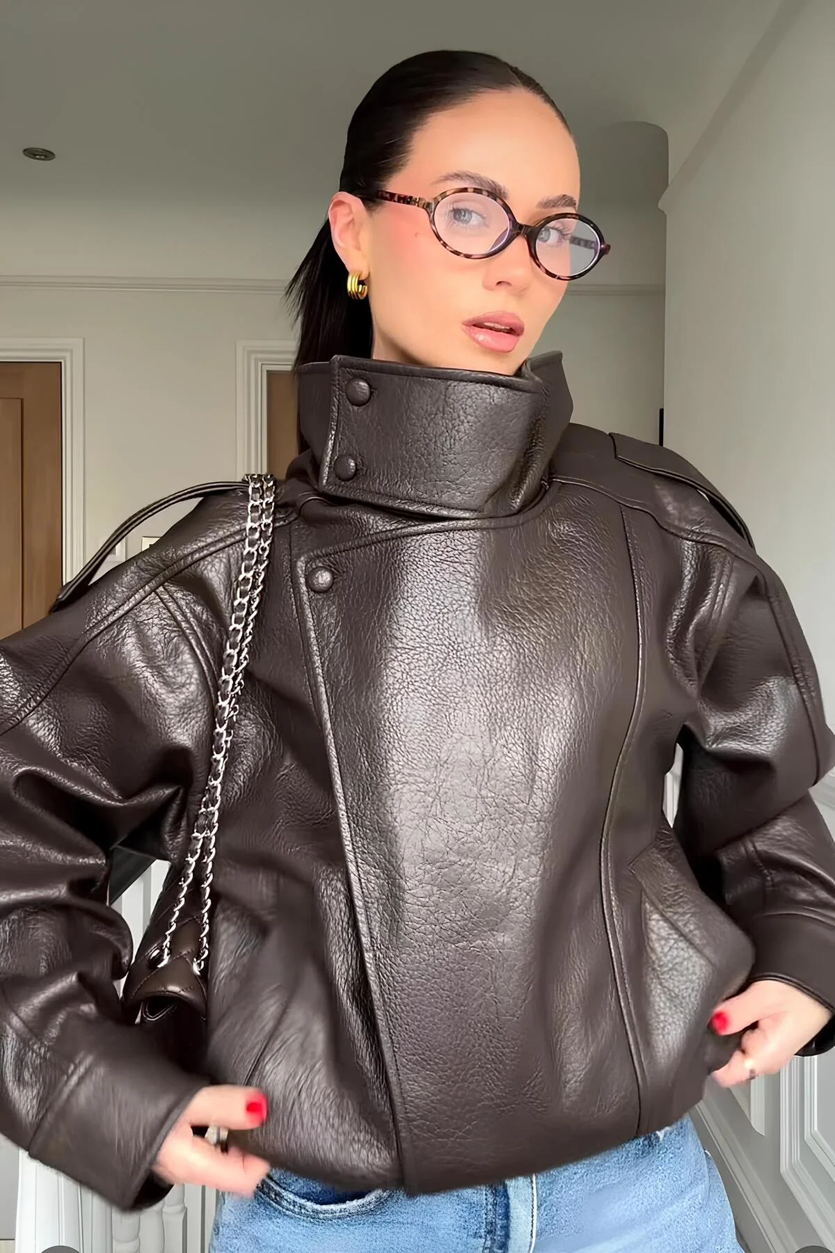 Kadın ZR Model Oversize Viral Yüksek Yaka Acı Kahve Deri Ceket