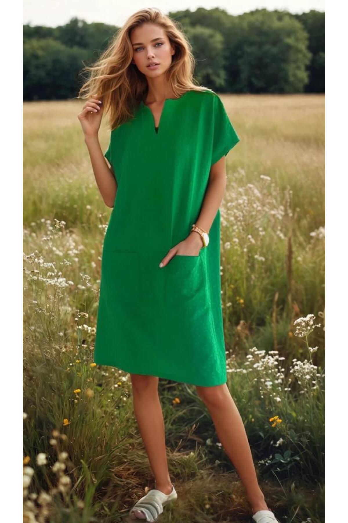 Pasaklı Giyim Kadın Zümrüt Özel Dokulu Kumaş Günlük Giy-Çık Yazlık Cepli Midi E