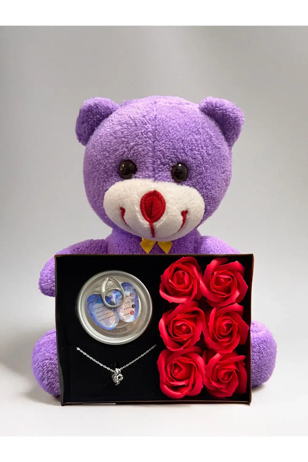 Kadina Hediye 25cm Mor Ayıcık ve İstiridye İçinde İnci Kolye Kırm