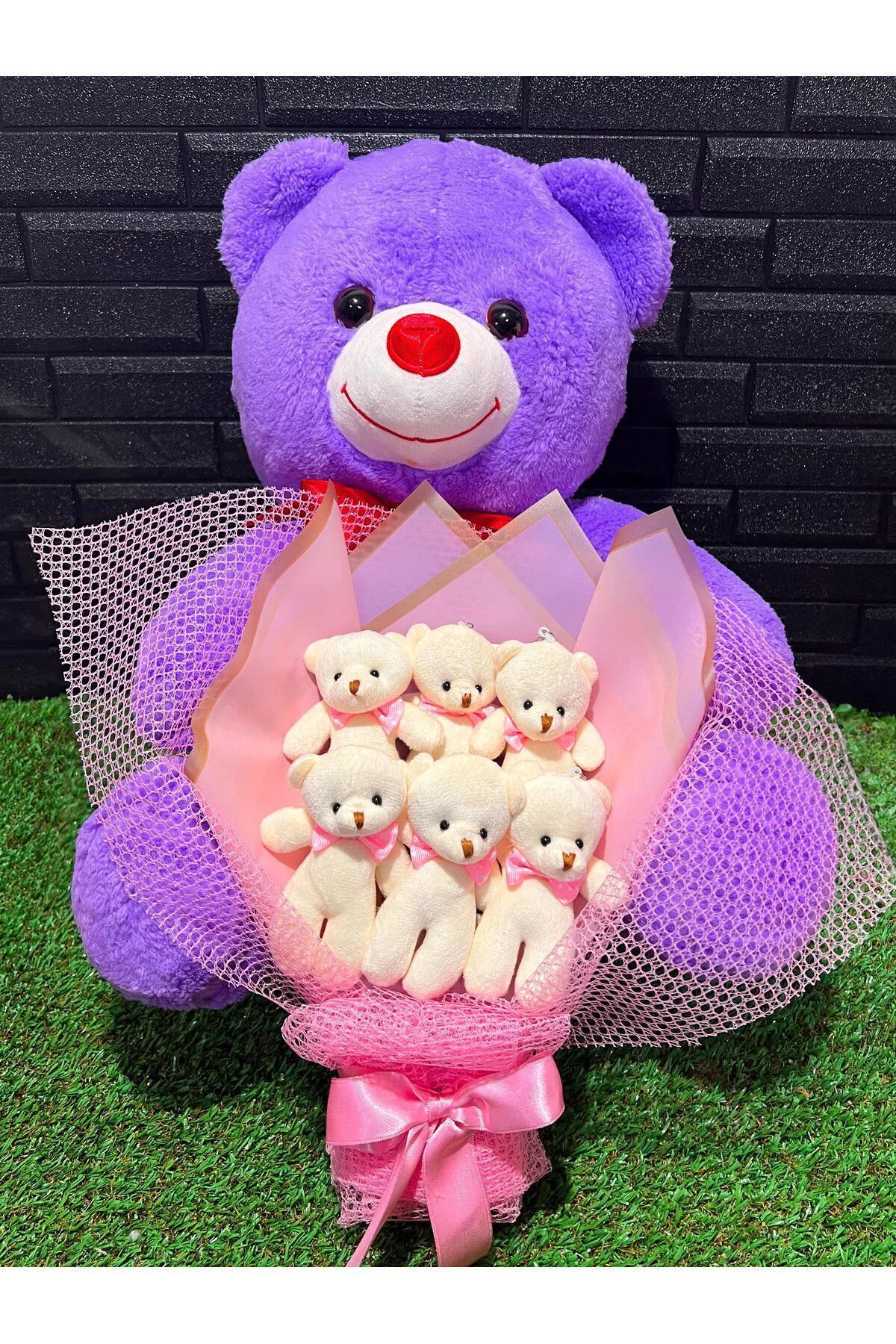 Kadina Hediye 55cm Mor Ayıcık ve 6lı Ayıcık Buketi - Dogum Gunu H