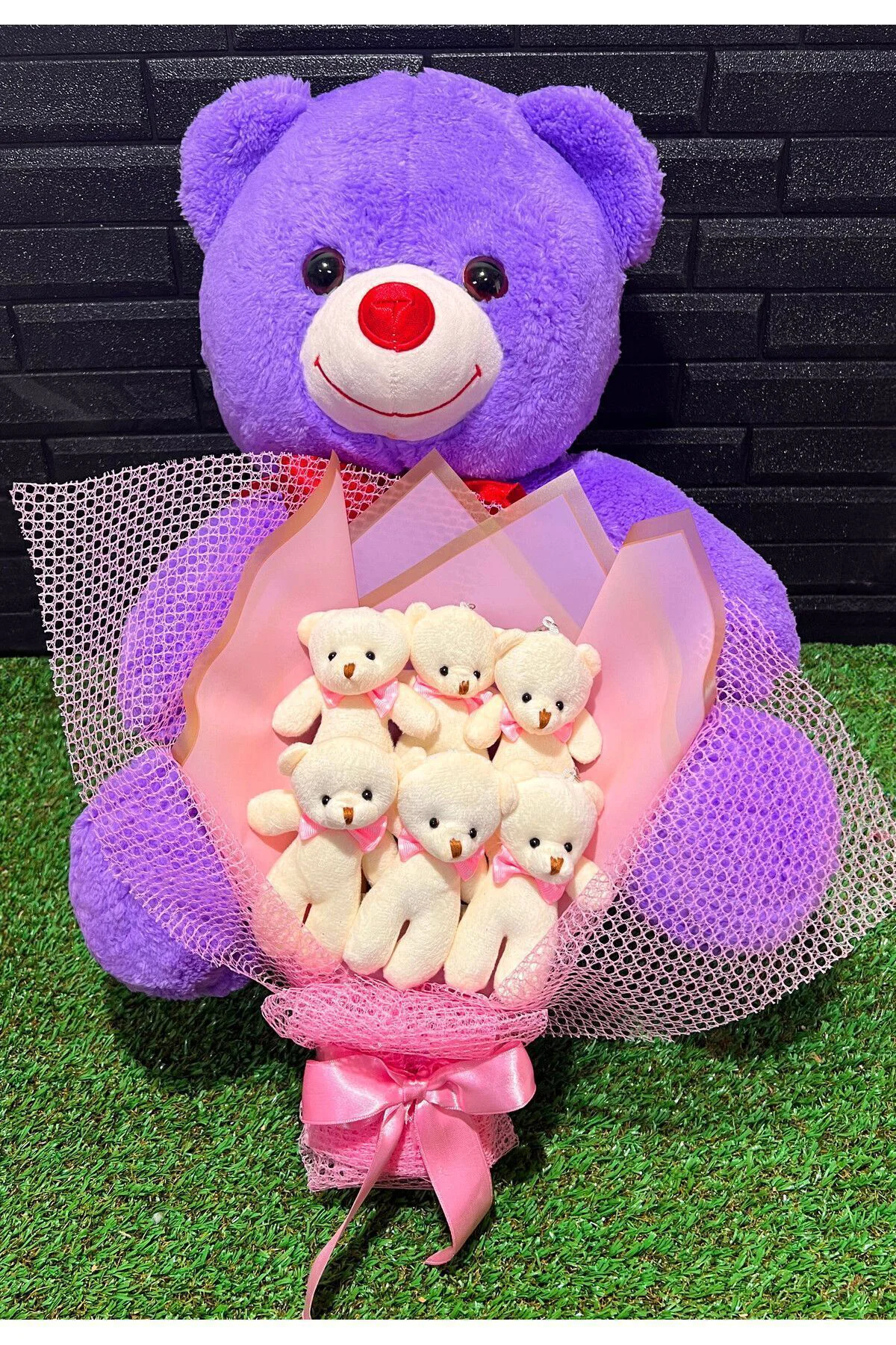 Kadina Hediye 55cm Mor Ayıcık ve 6lı Ayıcık Buketi - Dogum Gunu H