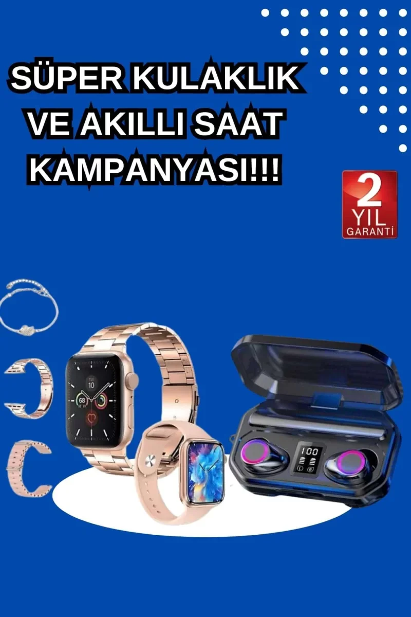 Kadınlar İçin 3 Kordonlu Akıllı Saat ve Dijital Göstergeli Powerbankli Bluetooth Kulaklık Dokunmatik Kontrol - Lisinya