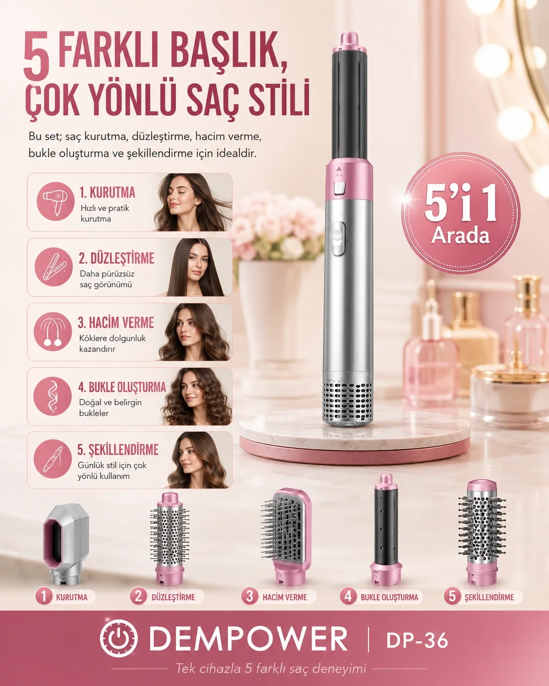 Kadınlar İçin 5 Başlıklı Saç Şekillendirme Seti Fön, Düzleştirme 