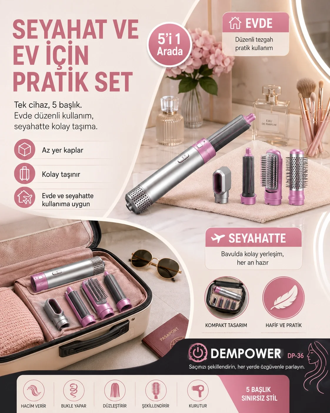Kadınlar İçin 5 Başlıklı Saç Şekillendirme Seti Fön, Düzleştirme 