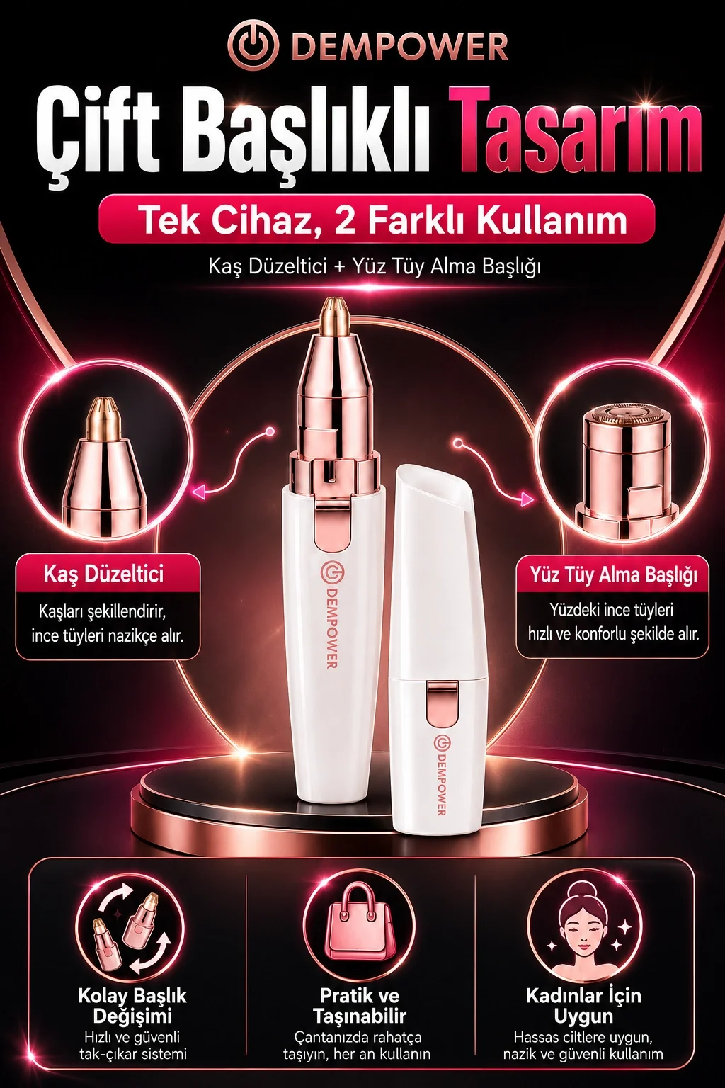 Kadınlar İçin Hassas Tüy Alma ve Kaş Düzeltme Özellikli Mini Epilasyon Aleti