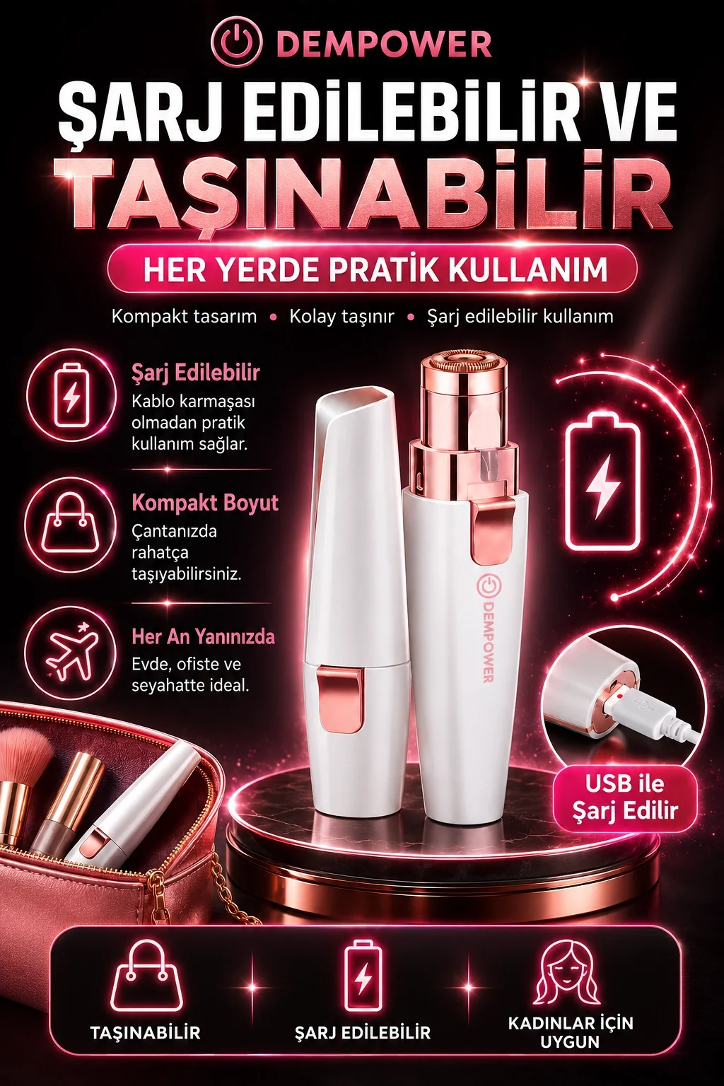 Kadınlar İçin Hassas Tüy Alma ve Kaş Düzeltme Özellikli Mini Epilasyon Aleti