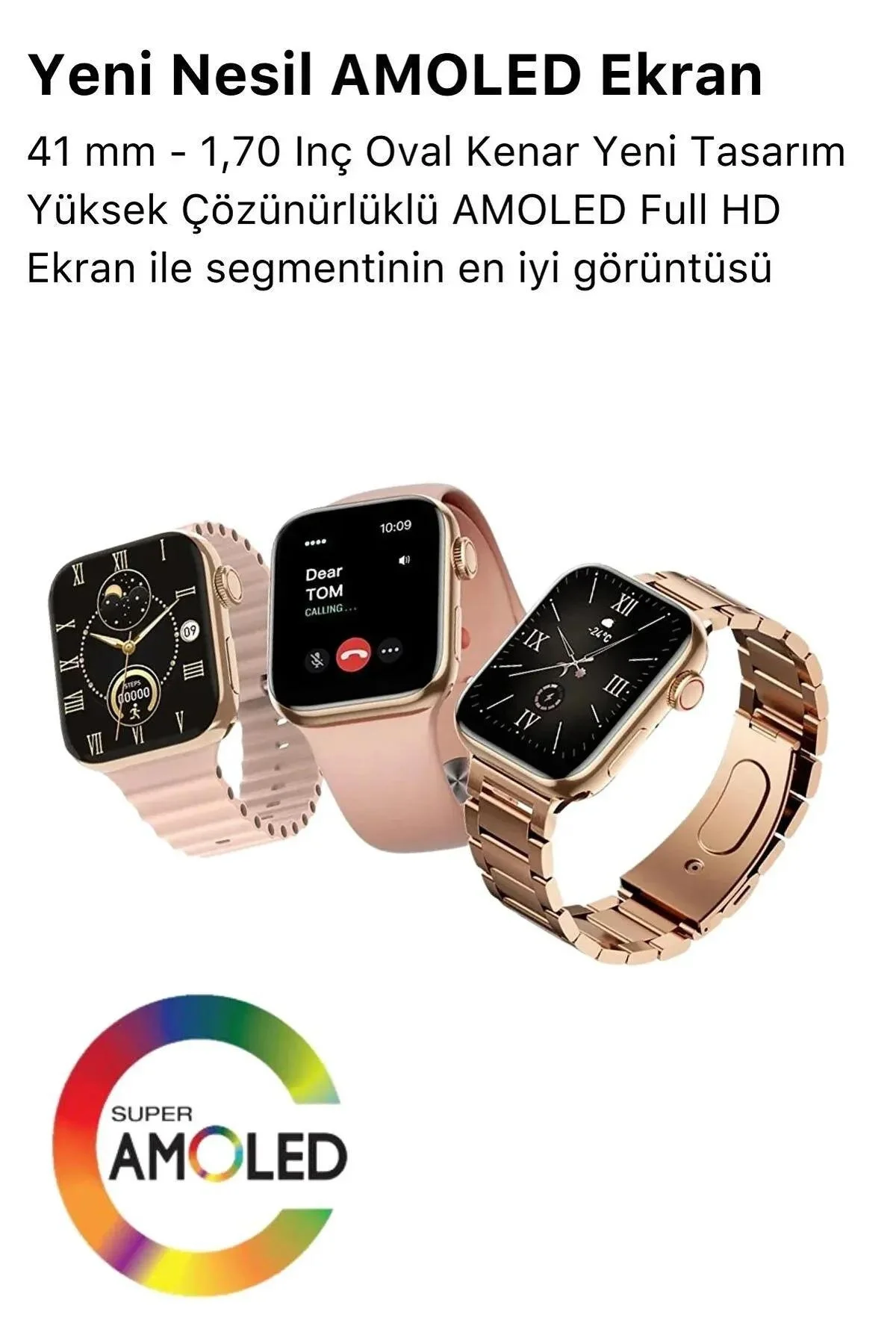 Kadınlar İçin Pembe Kasa ve Metal Kordonlu 41 mm Akıllı Saat, Nabız ve Uyku Takibi Özellikli