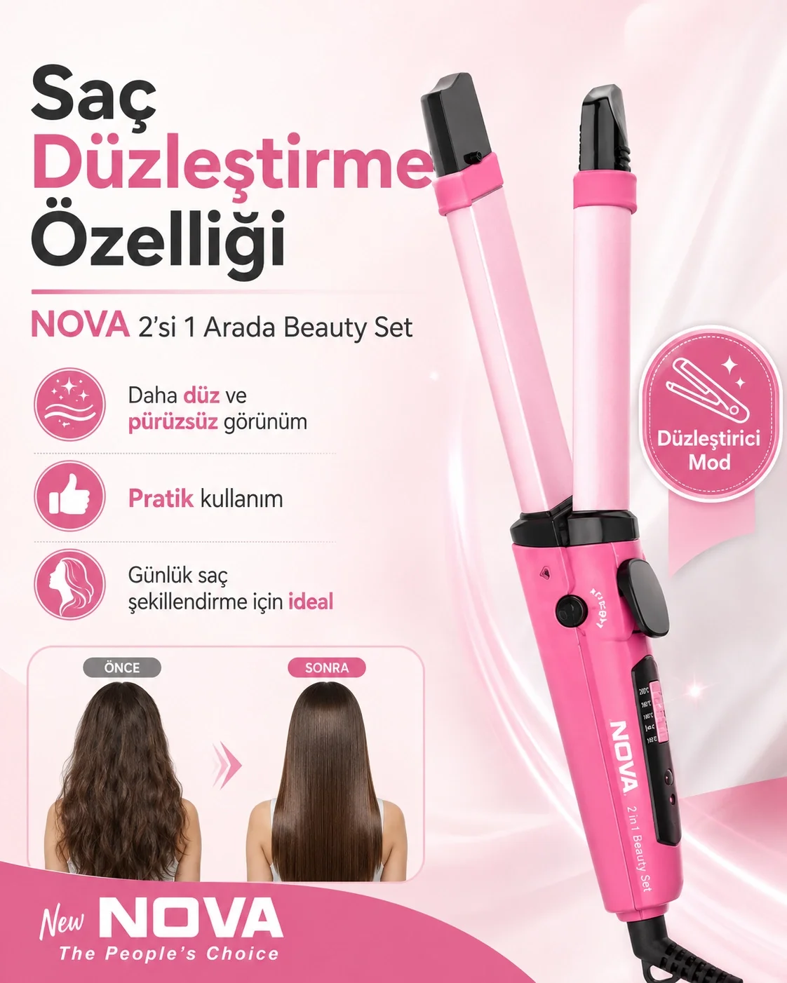 Kadınlar İçin Saç Düzleştirme ve Dalga Yapma Özellikli 2 Fonksiyo