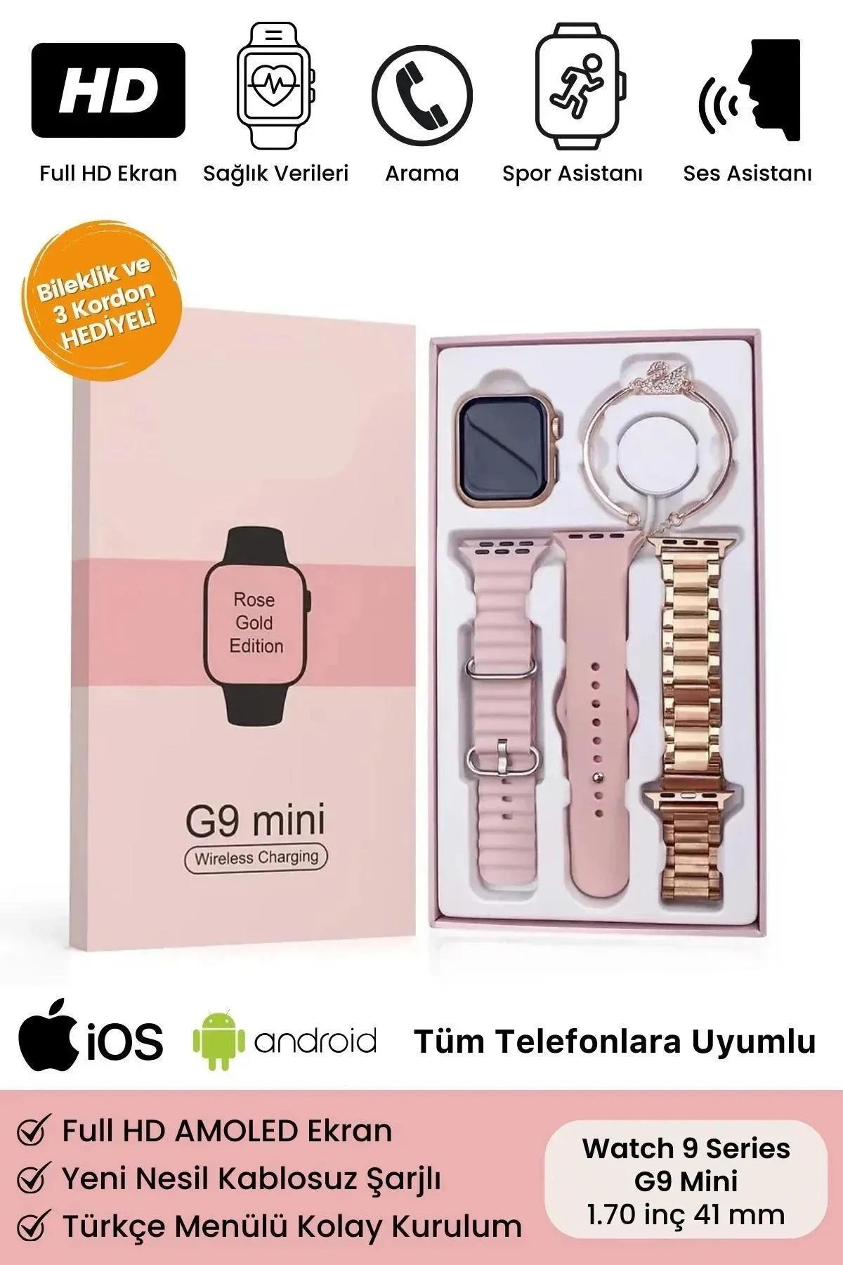 Kadınlar İçin Tasarlanmış, Nabız ve Uyku Takibi Yapan Pembe Akıllı Saat - 3 Kordonlu