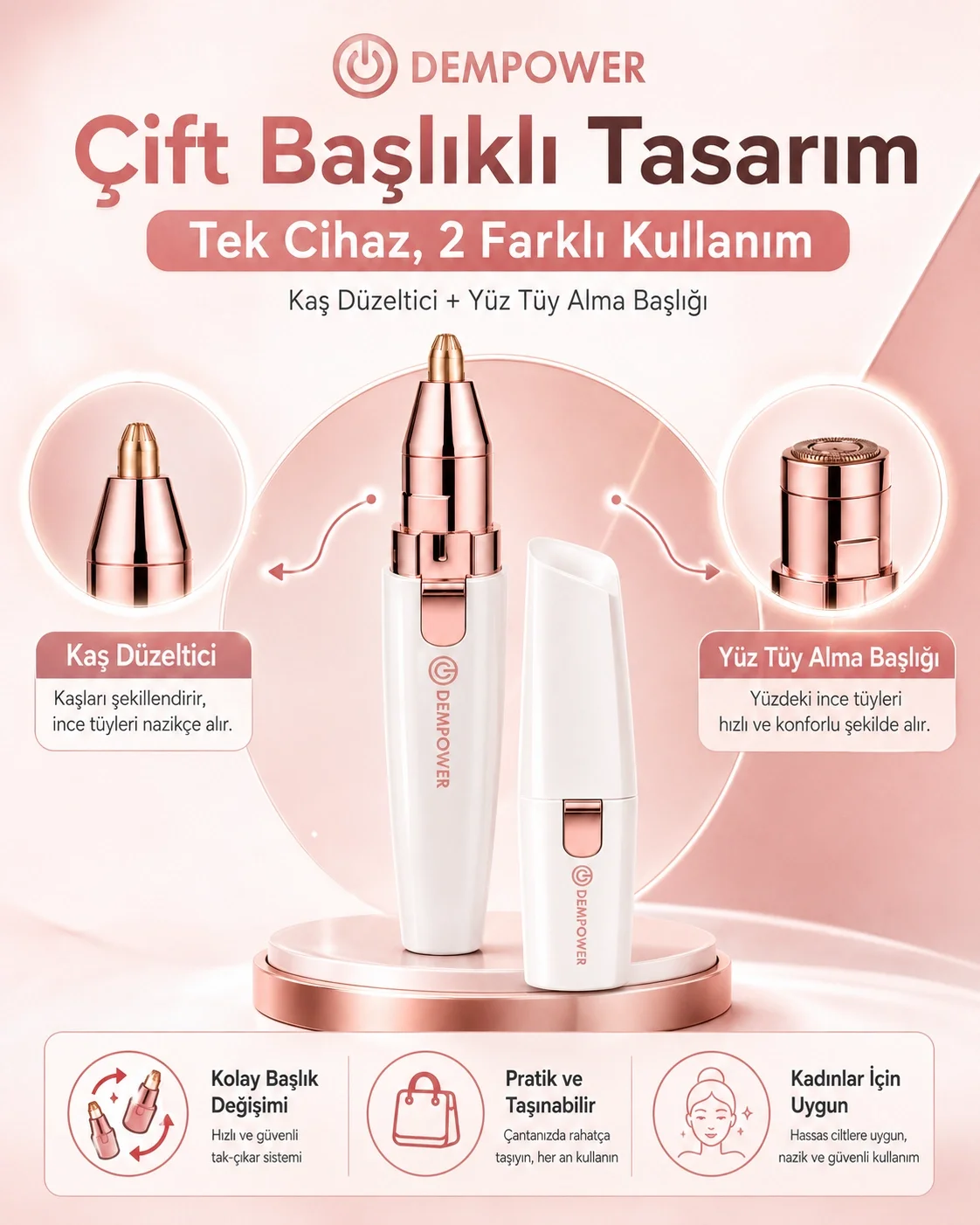 Kadınlara Özel 2 Başlıklı Kaş Düzeltici ve Hassas Bölge Tüy Alma 