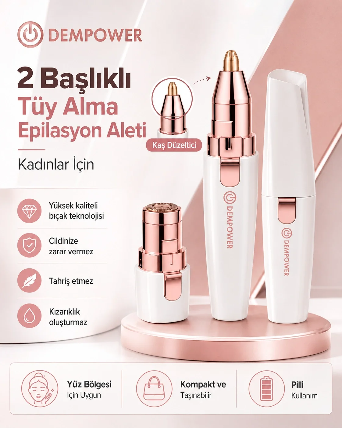 Kadınlara Özel 2 Başlıklı Kaş Düzeltici ve Hassas Bölge Tüy Alma 